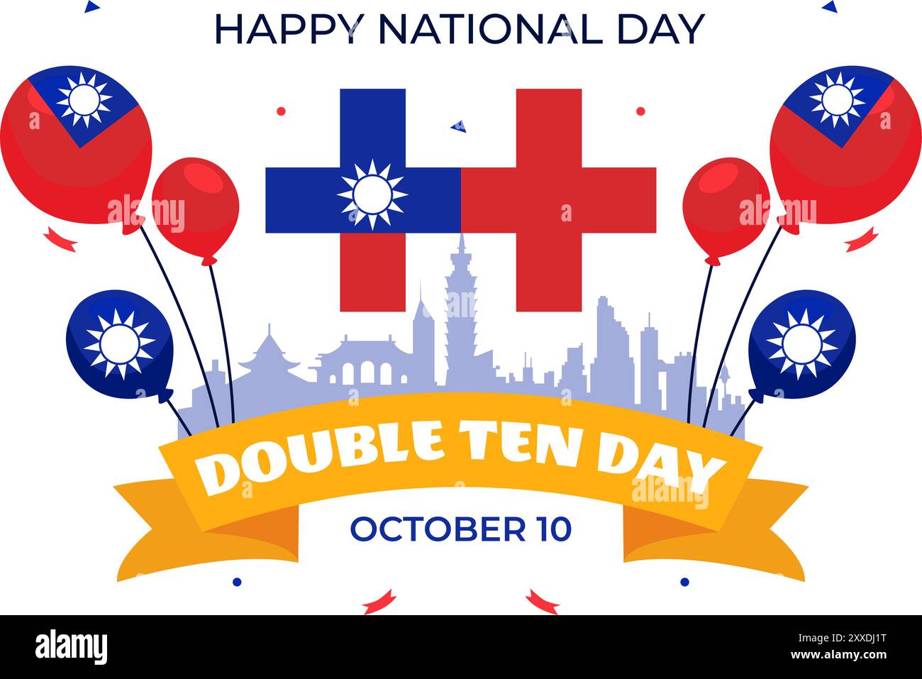 Happy Double Ten National Day Vector Illustration on October 10 with Taiwan Waving Flag and Balloons in a Holiday Flat Style Cartoon background Illustrazione Vettoriale