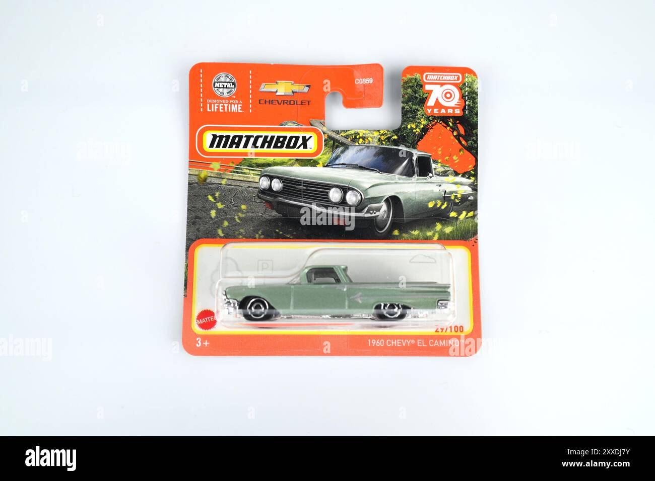Matchbox 1960 modello di auto giocattolo Chevy El Camino in confezione – Galles, Regno Unito – 10 agosto 2024 Foto Stock