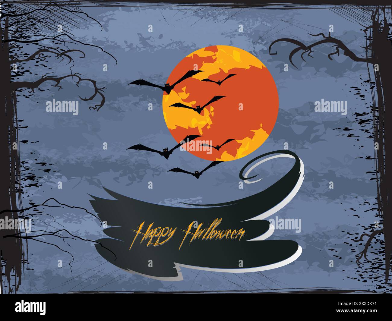 Un poster a tema Halloween con pipistrelli che volano nel cielo e una grande luna arancione. Il poster dice "buon Halloween" in lettere in grassetto Illustrazione Vettoriale