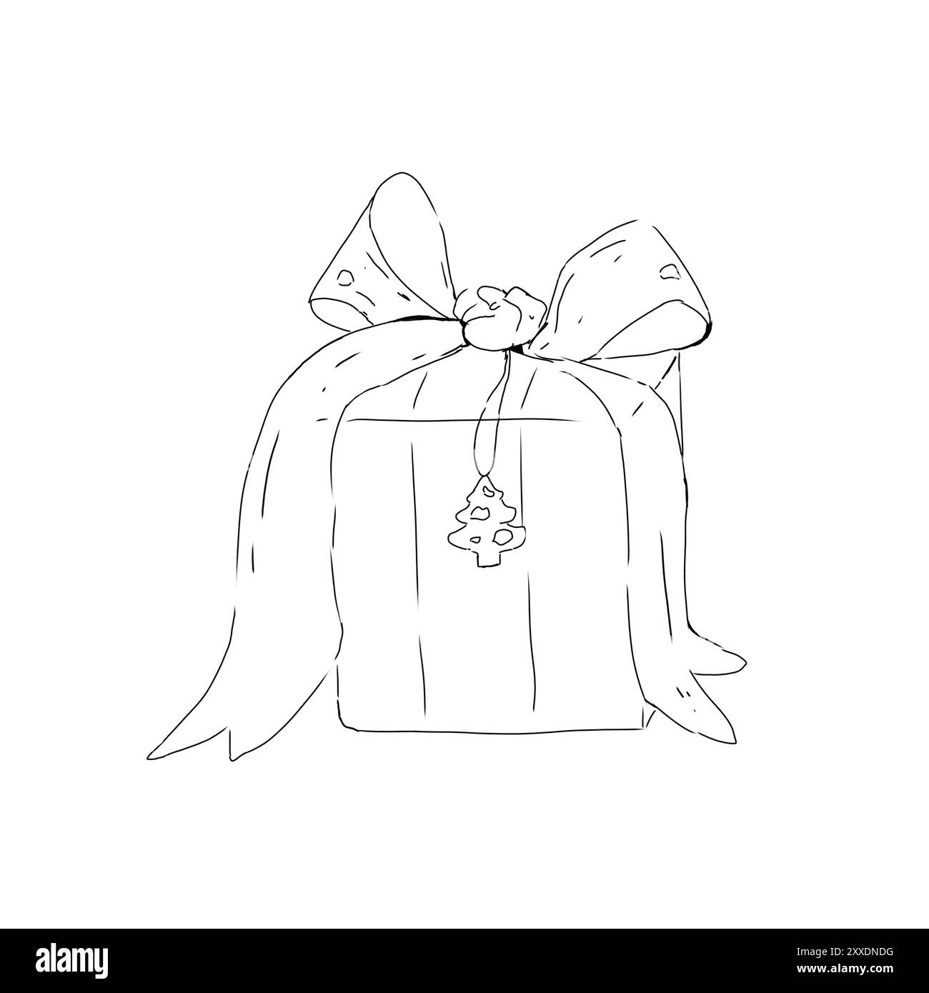 Confezione chiusa regalo di Natale legata a un fiocco in raso, stampa illustrativa in bianco e nero con incisione, Capodanno Foto Stock