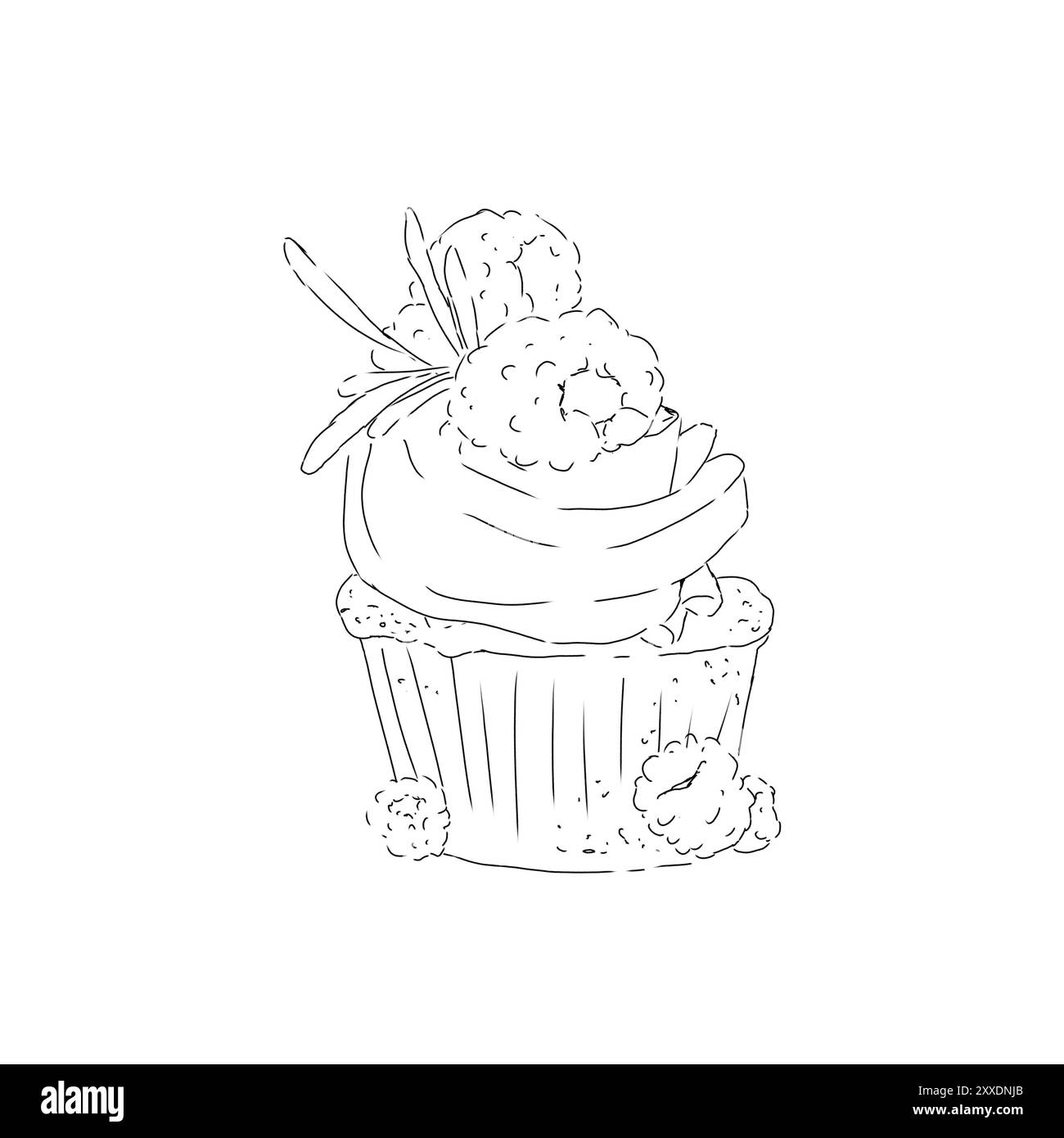 Cupcake natalizio con panna lamponi rametti di rosmarino cottura dessert grafica linea bianca e nera illustrazione stampa incisione texture New yea Foto Stock
