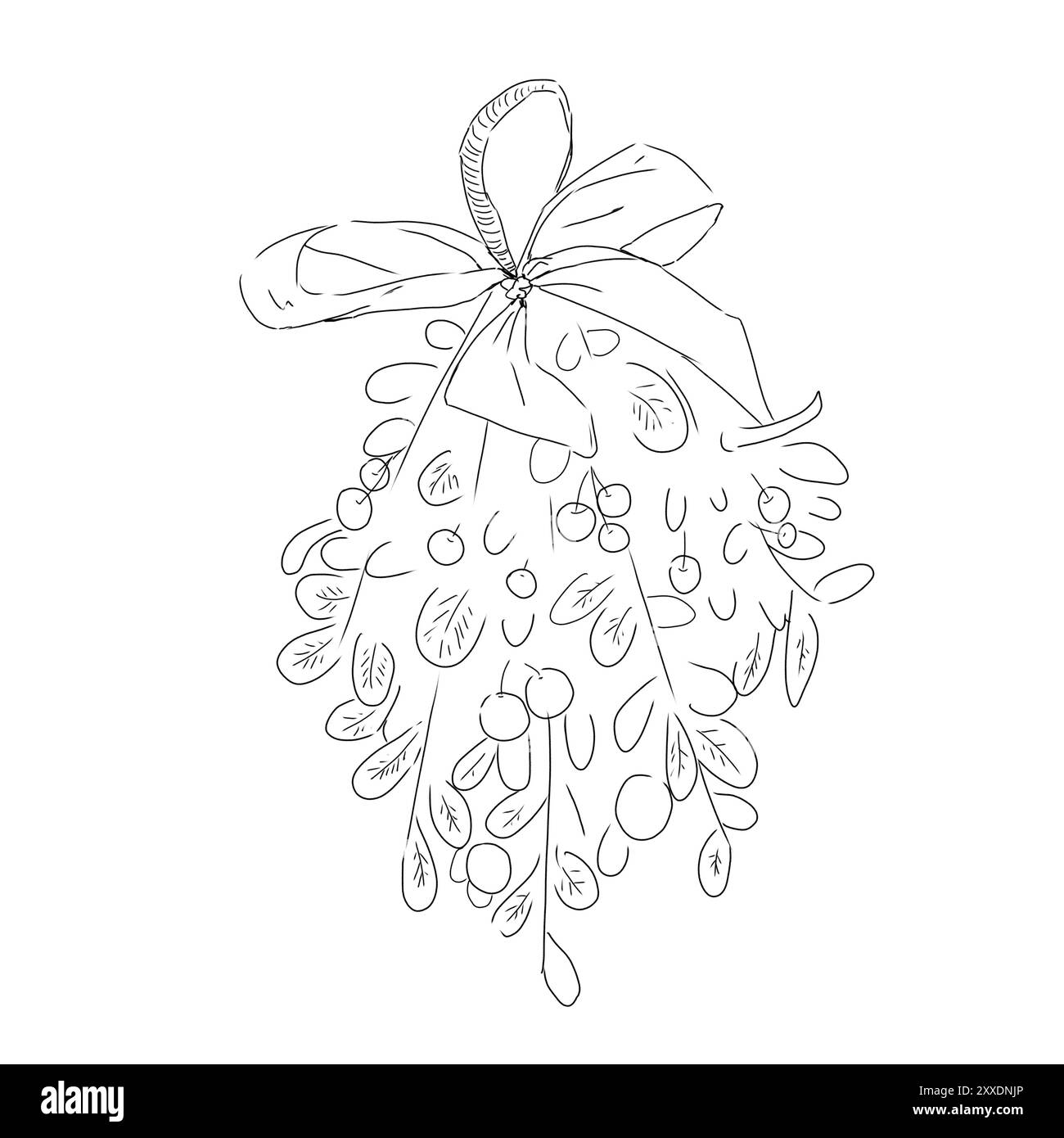 Pacchetto natalizio con foglie steli e frutti di bosco con motivo grafico a fiocco in raso, stampa illustrativa in bianco e nero, texture incisa Foto Stock