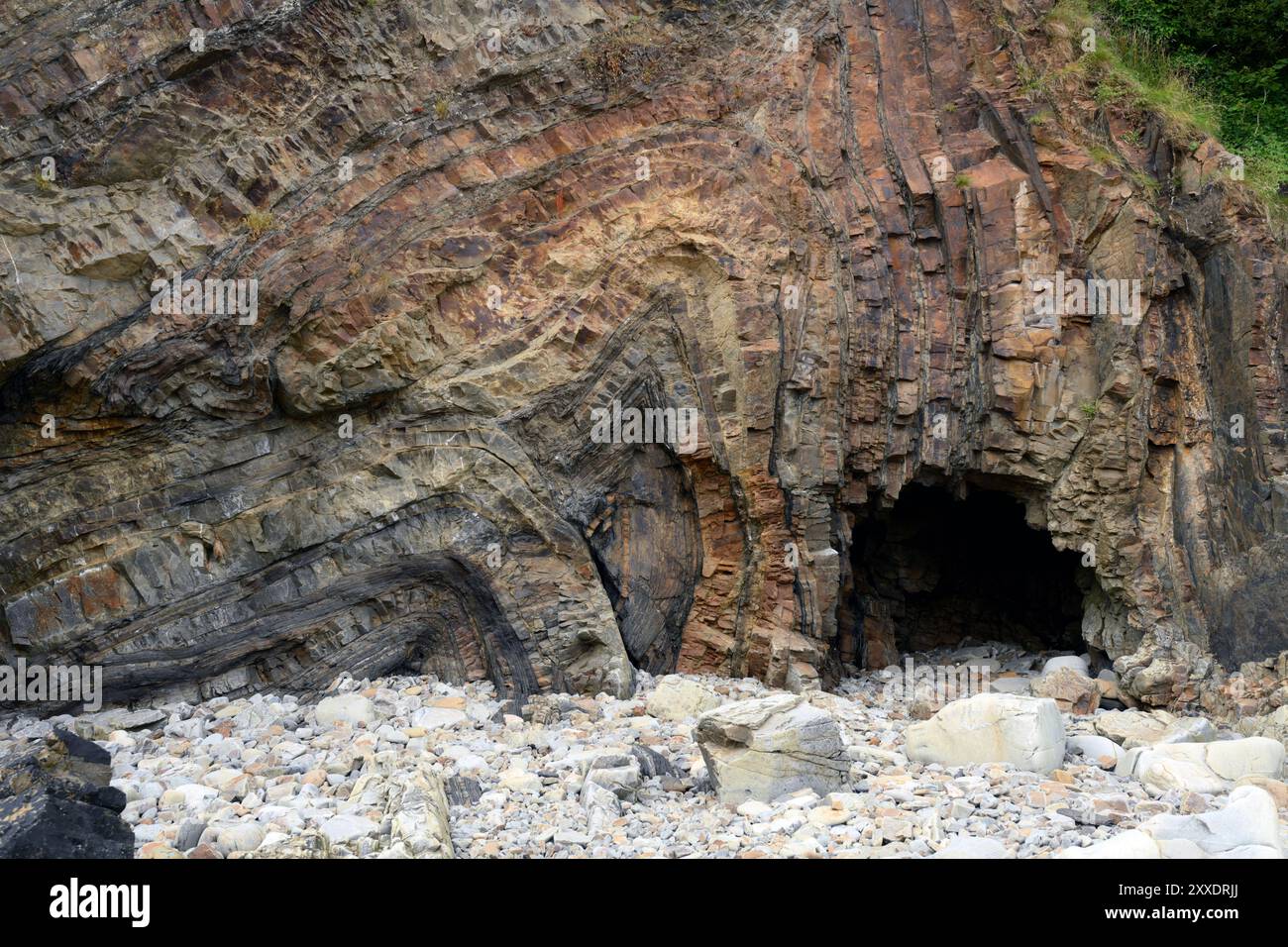 Ripiegamento di aerei da letto a Monkstone Point, Saundersfoot, Galles. Una piccola grotta marina (1,5 m di altezza) è stata formata dall'azione delle onde alla base della scogliera. Foto Stock