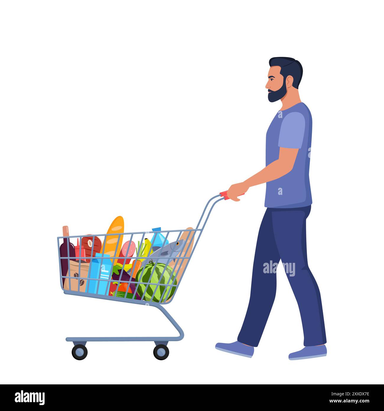 Uomo con un carrello pieno di merci. Un uomo allegro acquista cibo in un negozio di alimentari. Carrello per supermercati. Illustrazione vettoriale Illustrazione Vettoriale
