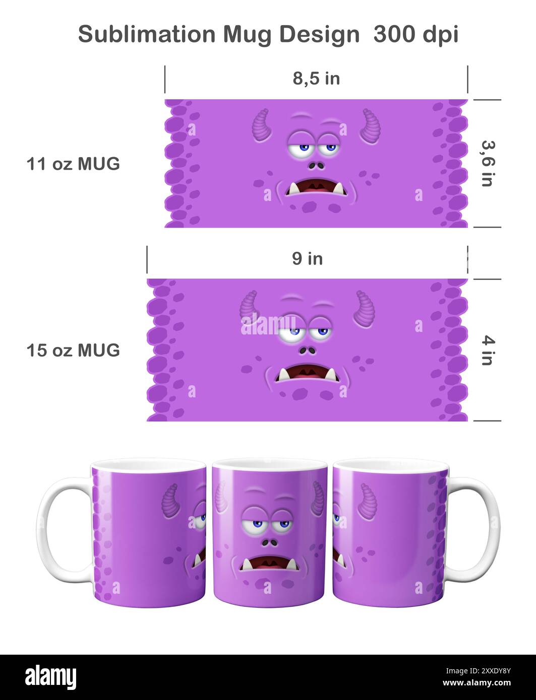 Divertente faccia viola del mostro. Modello di sublimazione per tazza da caffè da 360 ml e 360 ml. Foto Stock