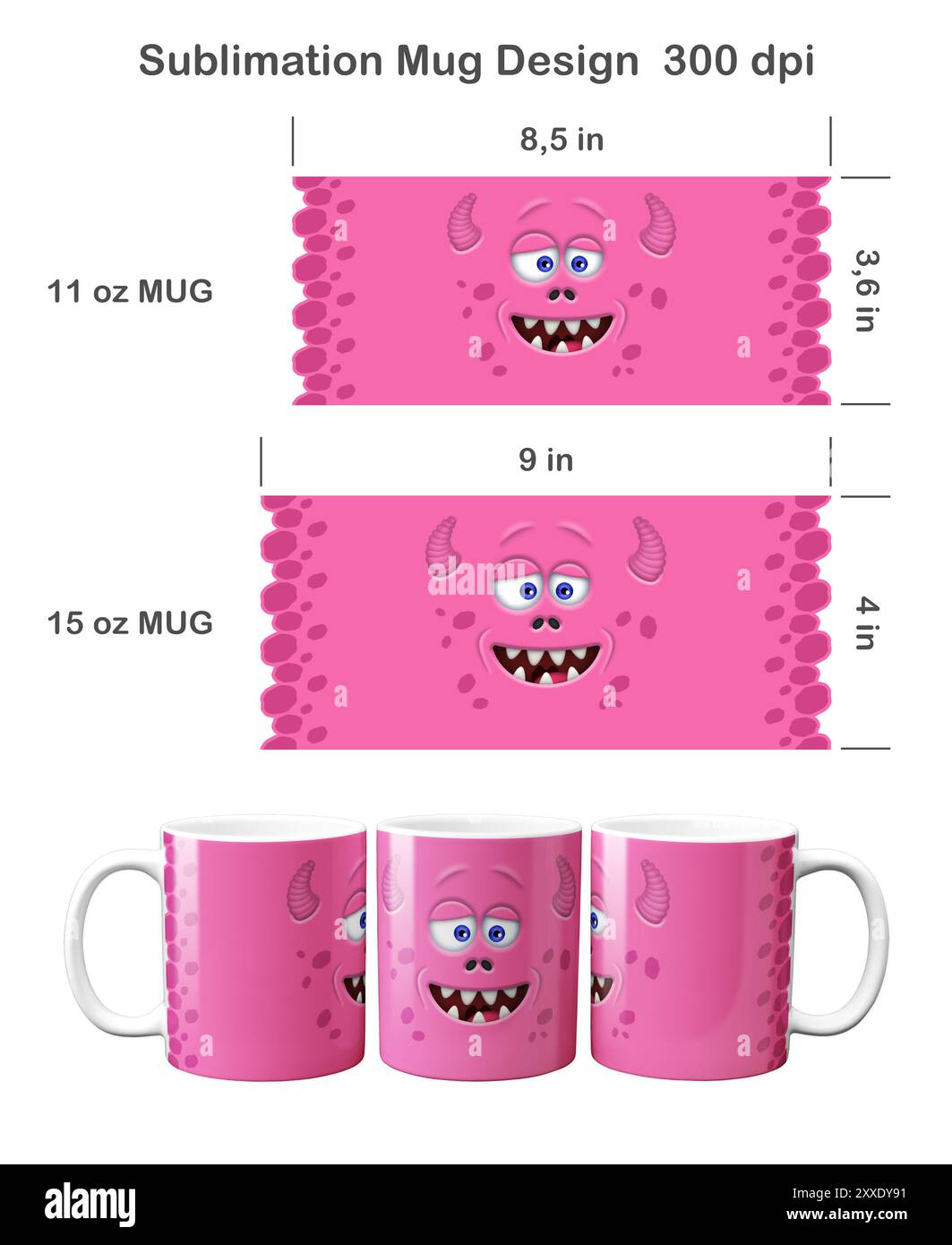 Divertente faccia rosa mostro. Modello di sublimazione per tazza da caffè da 360 ml e 360 ml. Foto Stock