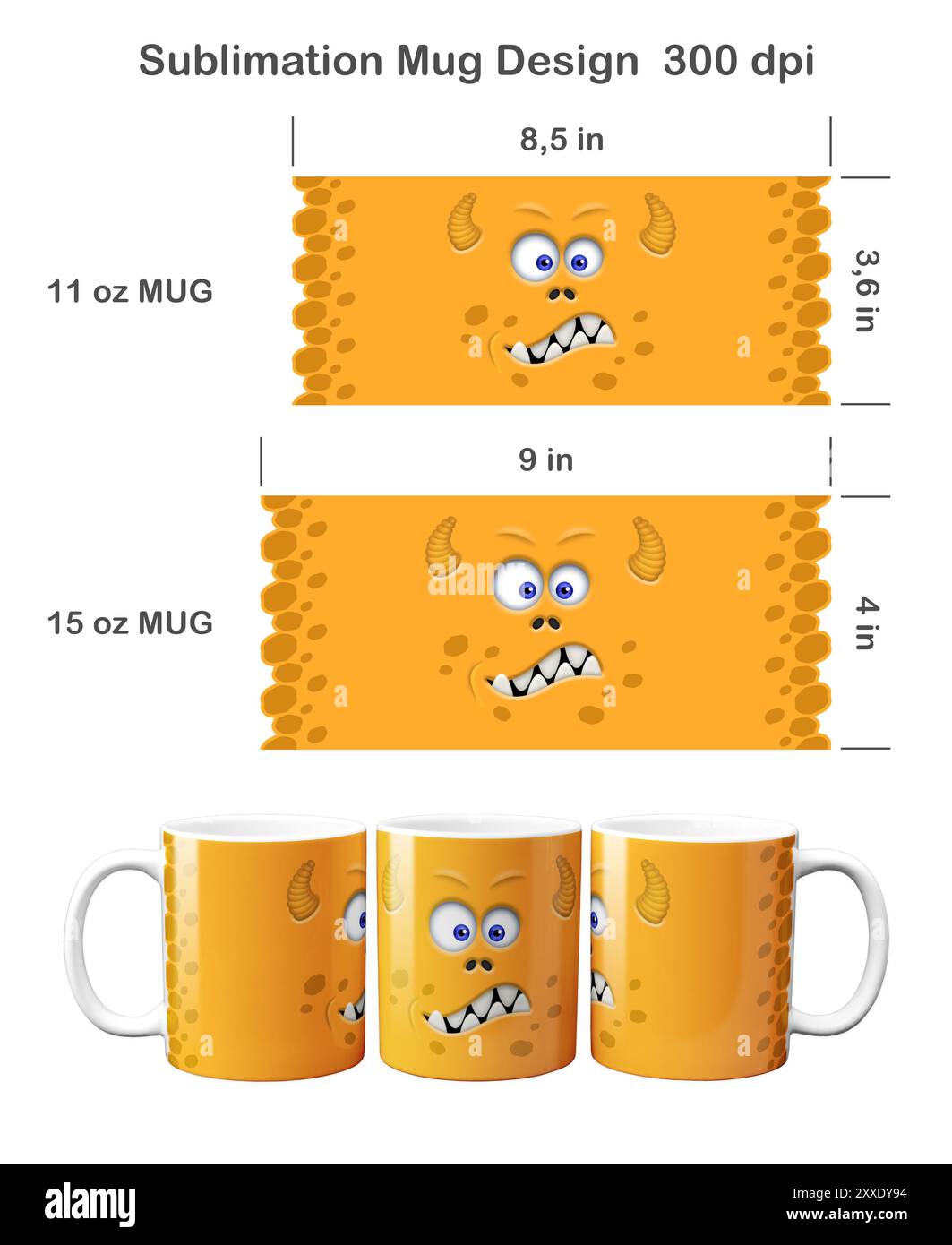 Divertente faccia da mostro arancione. Modello di sublimazione per tazza da caffè da 360 ml e 360 ml. Foto Stock