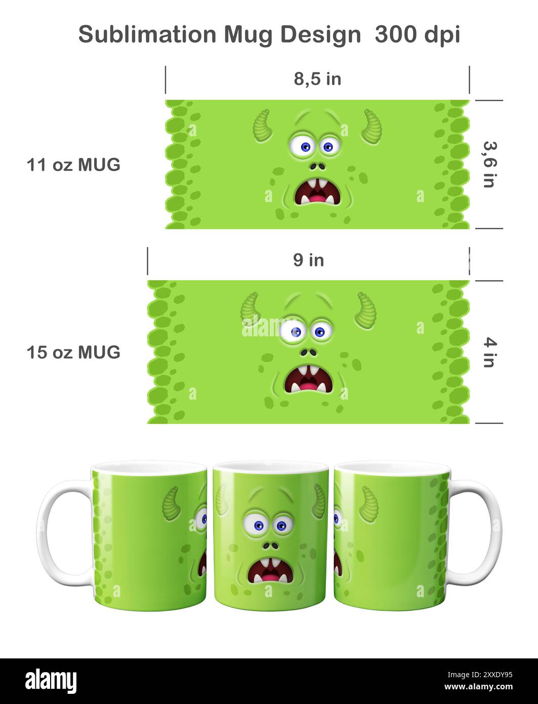 Divertente faccia da mostro verde. Modello di sublimazione per tazza da caffè da 360 ml e 360 ml. Foto Stock