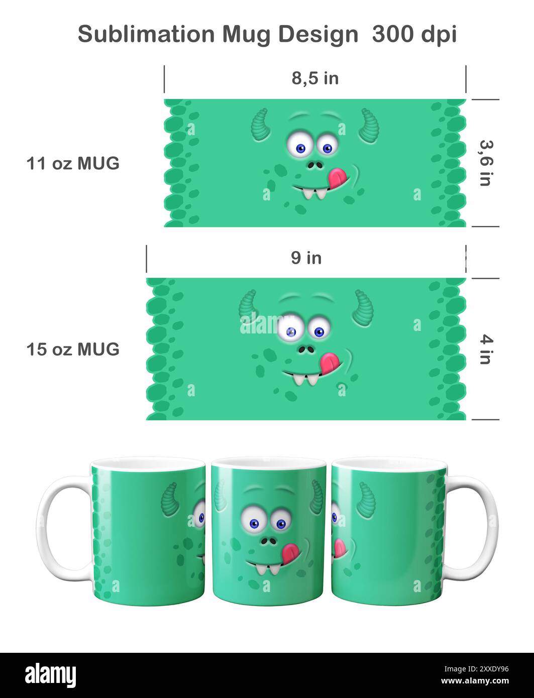 Divertente faccia da mostro verde. Modello di sublimazione per tazza da caffè da 360 ml e 360 ml. Foto Stock
