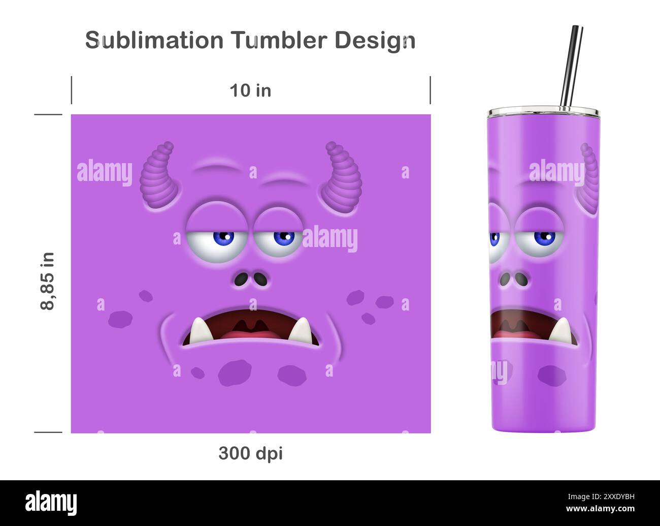 Divertente faccia viola del mostro. Dima a sublimazione senza cuciture per frusta Skinny da 20 once. Senza cuciture da bordo a bordo. Avvolgimento completo. Foto Stock