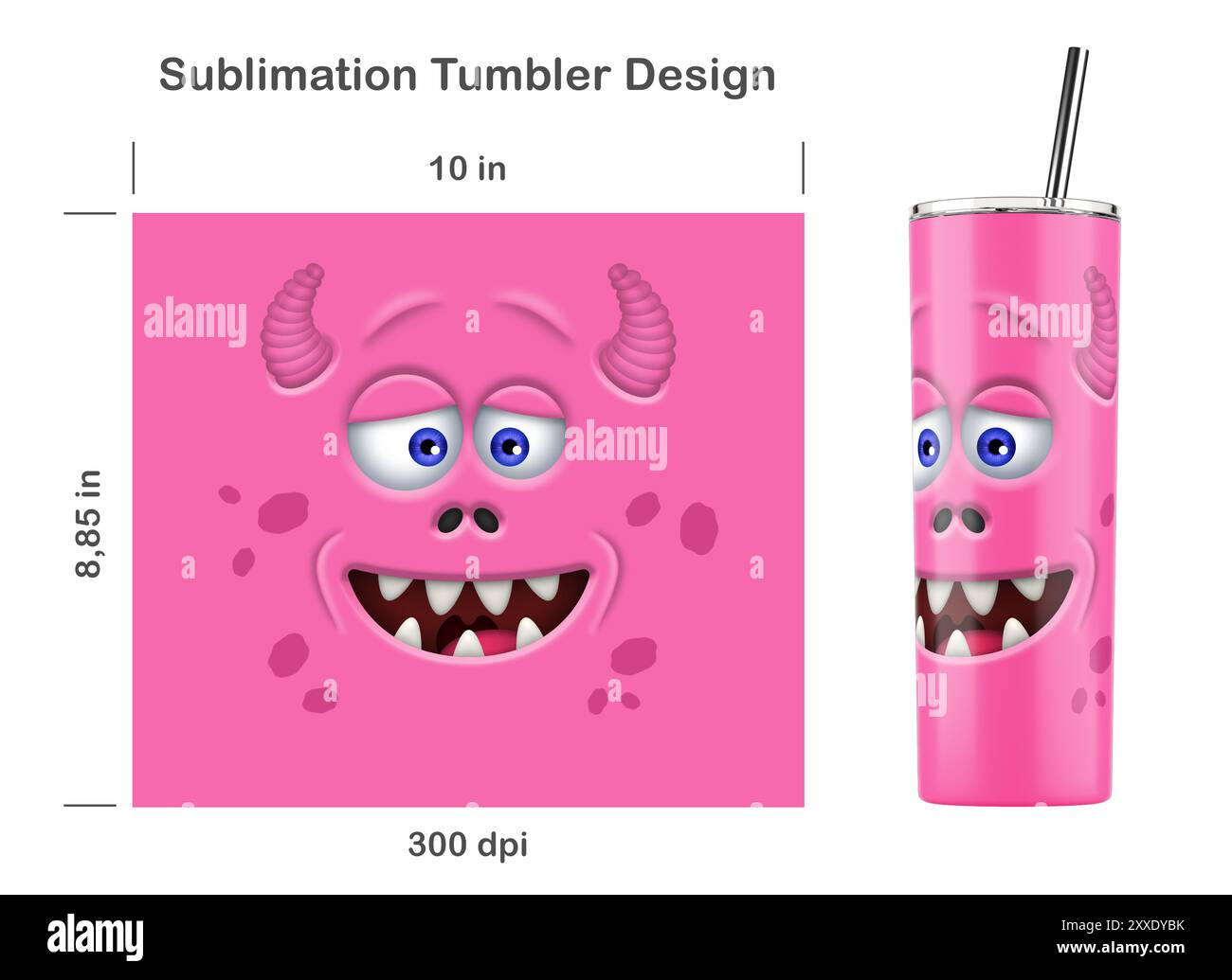 Divertente faccia rosa mostro. Dima a sublimazione senza cuciture per frusta Skinny da 20 once. Senza cuciture da bordo a bordo. Avvolgimento completo. Foto Stock