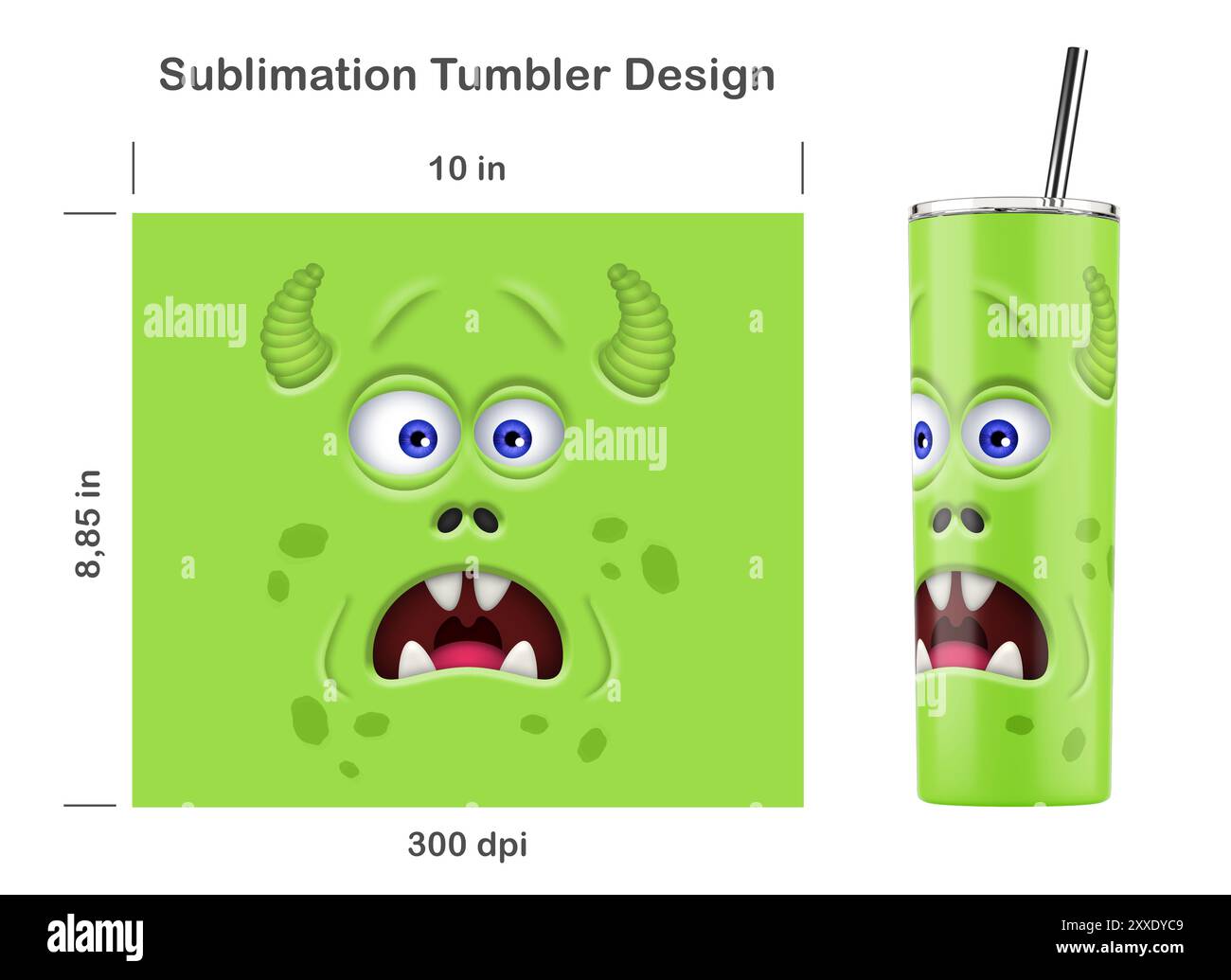 Divertente faccia da mostro verde. Dima a sublimazione senza cuciture per frusta Skinny da 20 once. Senza cuciture da bordo a bordo. Avvolgimento completo. Foto Stock