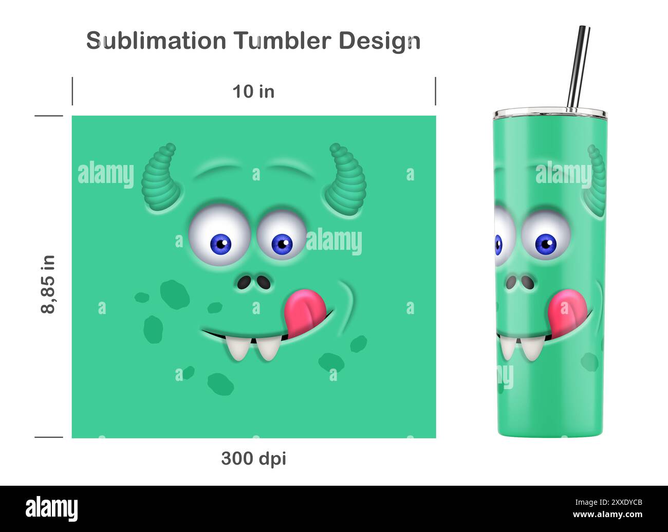 Divertente faccia da mostro verde. Dima a sublimazione senza cuciture per frusta Skinny da 20 once. Senza cuciture da bordo a bordo. Avvolgimento completo. Foto Stock