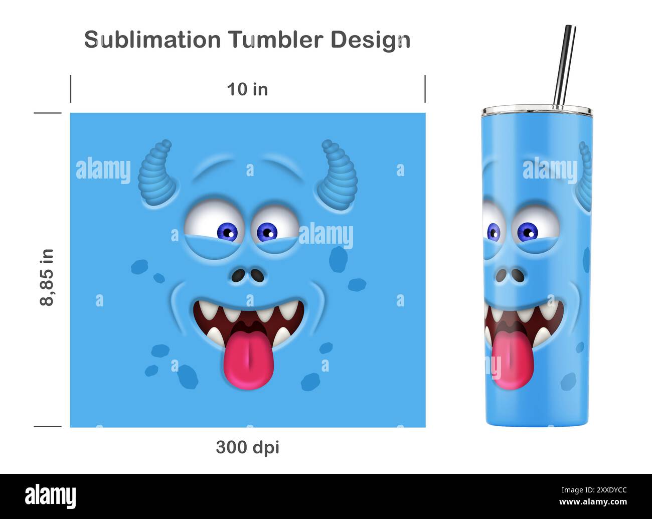 Divertente faccia da mostro blu. Dima a sublimazione senza cuciture per frusta Skinny da 20 once. Senza cuciture da bordo a bordo. Avvolgimento completo. Foto Stock