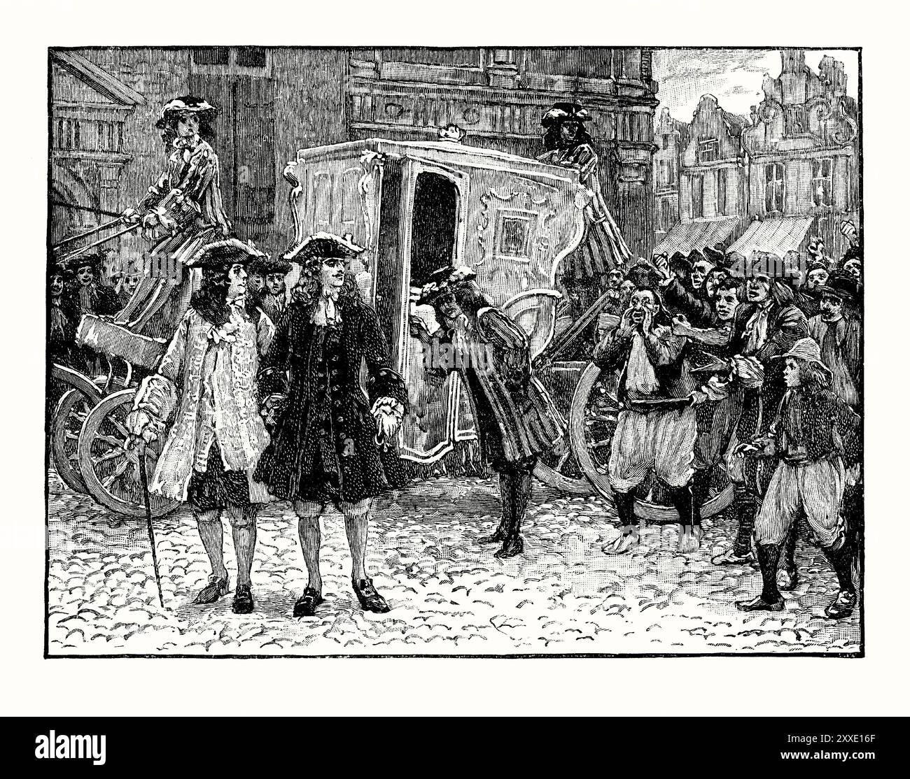 Una vecchia incisione di plenipotenziari inglesi (diplomatici) insultati nelle strade di Utrecht, Olanda c. 1712. È tratto da un libro di storia vittoriana del 1900 circa. Era il momento in cui i negoziati diplomatici venivano spesso incontrati con ostilità e resistenza. La pace di Utrecht fu una serie di trattati di pace (1713-1715) durante la fase di stallo della guerra di successione spagnola. La guerra coinvolse i contendenti per il trono vacante di Spagna e coinvolse gran parte dell'Europa, tra cui Austria, Repubblica olandese e Gran Bretagna, per oltre un decennio. Foto Stock