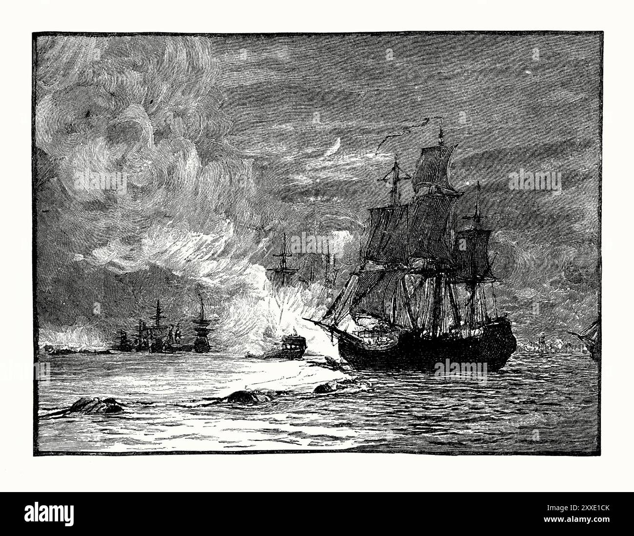 Una vecchia incisione del Mediatore che rompe il boom a la Rochelle, in Francia, nel 1810. È tratto da un libro di storia vittoriana del 1900 circa. La Rochelle è una città della Francia occidentale e un porto sulla baia di Biscaglia, una parte dell'Oceano Atlantico. La barricata galleggiante aveva precedentemente contribuito a difendersi dai precedenti tentativi delle forze britanniche. Foto Stock