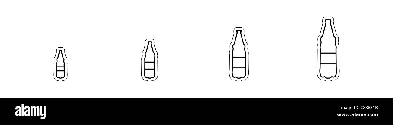 Set di vettori di flaconi lineari. Set icone di bottiglie di birra. Un set di bottiglie da più piccole a più grandi. Gradazione delle dimensioni dei flaconi. Etichette per bottiglie vettoriali Illustrazione Vettoriale