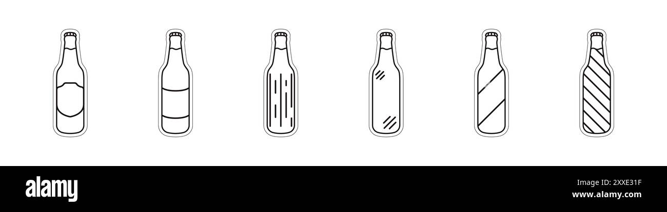 Set di vettori di flaconi lineari. Set icone di bottiglie di birra. Set di profili per flaconi in vetro. Etichette per bottiglie vettoriali. Illustrazione vettoriale. Illustrazione Vettoriale