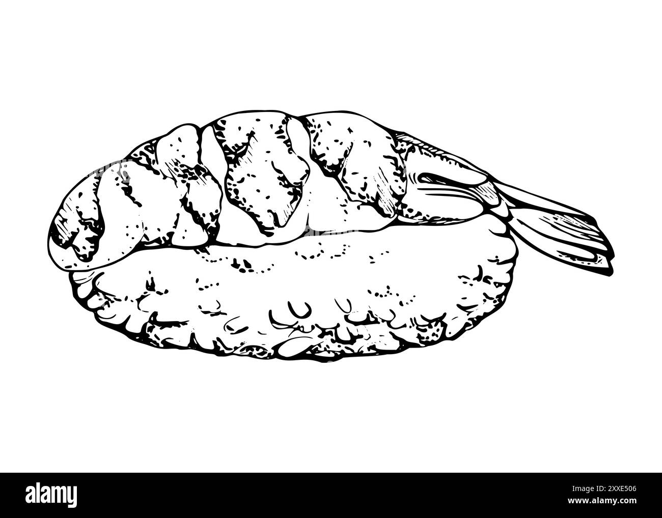 Cucina tradizionale giapponese, sushi nigiri gamberi pesce crudo salmone di tonno, condimento caviale, wasabi, fiocchi unagi, disegnati a mano in penna vettoriale, inchiostro. Illustrazione Illustrazione Vettoriale