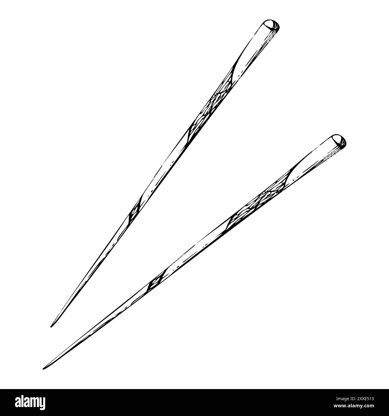 Coppia cinese giapponese di bacchette, utensili laccati di plastica di bambù di legno per mangiare cucinare, disegnati a mano in penna vettoriale e inchiostro. Illustrazione per Illustrazione Vettoriale