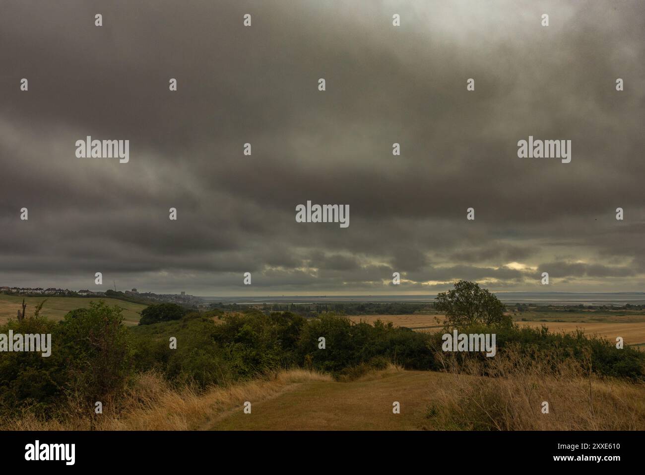 Castello di Hadleigh, Regno Unito. 24 agosto 2024. Un suggestivo paesaggio rurale sotto un cielo pesantemente coperto, con spesse nuvole di tempesta che incombono su campi asciutti e vegetazione sparsa. L'illuminazione soffusa e il contrasto tra cielo e terreno evocano un senso di tensione e un imminente cambiamento climatico. Un inizio bagnato e cupo per il fine settimana festivo al Castello di Hadleigh, affacciato sull'estuario del Tamigi. Penelope Barritt/Alamy Live News Foto Stock