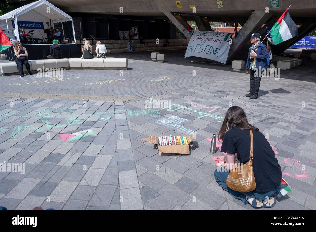 Gli attivisti della Coalizione per la Palestina del campus di Sheffield (SCCP) in un'udienza che deciderà se l'Università di Sheffield può sgombrare il suo accampamento pro-Gaza. La coalizione ha rivelato in una dichiarazione che l'8 luglio, hanno ricevuto la notifica che l'università ha chiesto un ordine di possesso. L'udienza di lunedì 15 luglio. Se concessa, l'università assumerà ufficiali giudiziari per sfrattarli dal campus non appena il giorno seguente. L'audizione è stata interrotta il 23 luglio. Secondo il SCPP, l'università sostiene "falsamente" che, poiché solo 15 persone fanno parte dell'accampamento, il campo non può Foto Stock