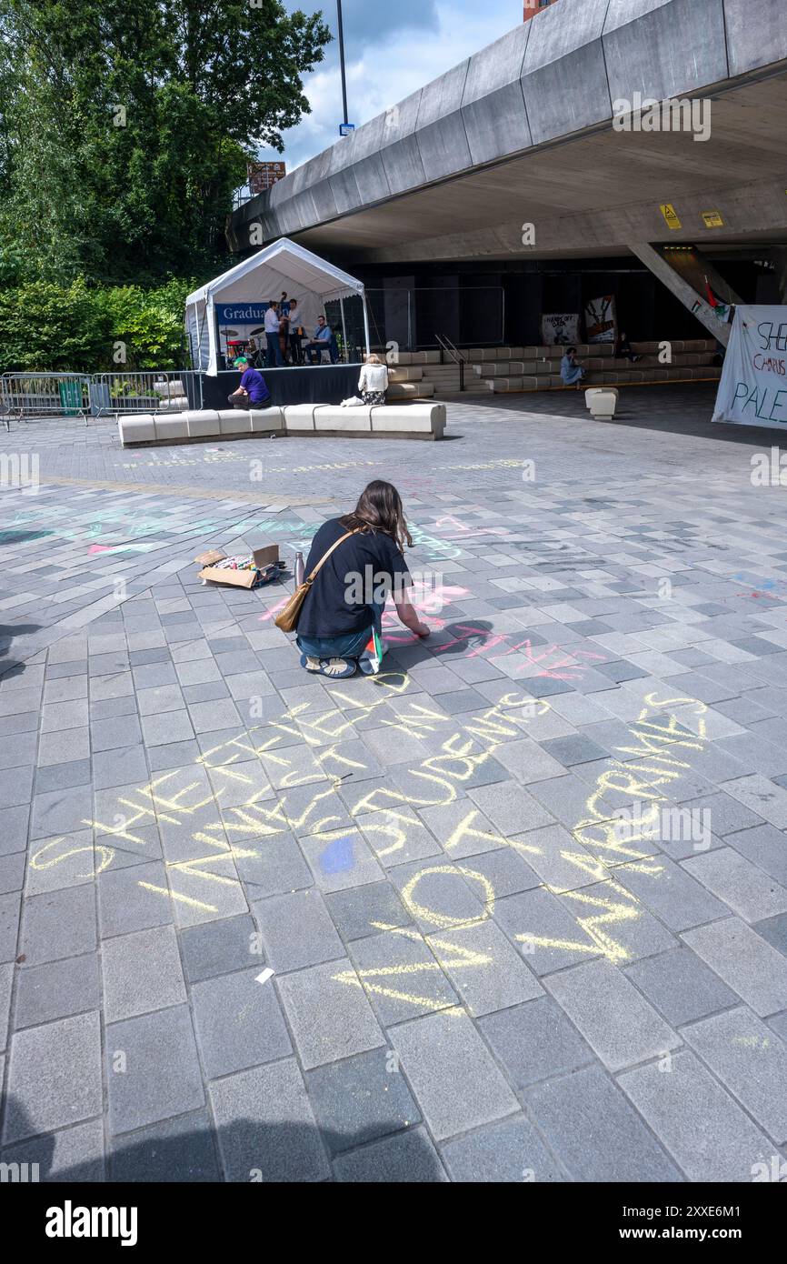 Gli attivisti della Coalizione per la Palestina del campus di Sheffield (SCCP) in un'udienza che deciderà se l'Università di Sheffield può sgombrare il suo accampamento pro-Gaza. La coalizione ha rivelato in una dichiarazione che l'8 luglio, hanno ricevuto la notifica che l'università ha chiesto un ordine di possesso. L'udienza di lunedì 15 luglio. Se concessa, l'università assumerà ufficiali giudiziari per sfrattarli dal campus non appena il giorno seguente. L'audizione è stata interrotta il 23 luglio. Secondo il SCPP, l'università sostiene "falsamente" che, poiché solo 15 persone fanno parte dell'accampamento, il campo non può Foto Stock