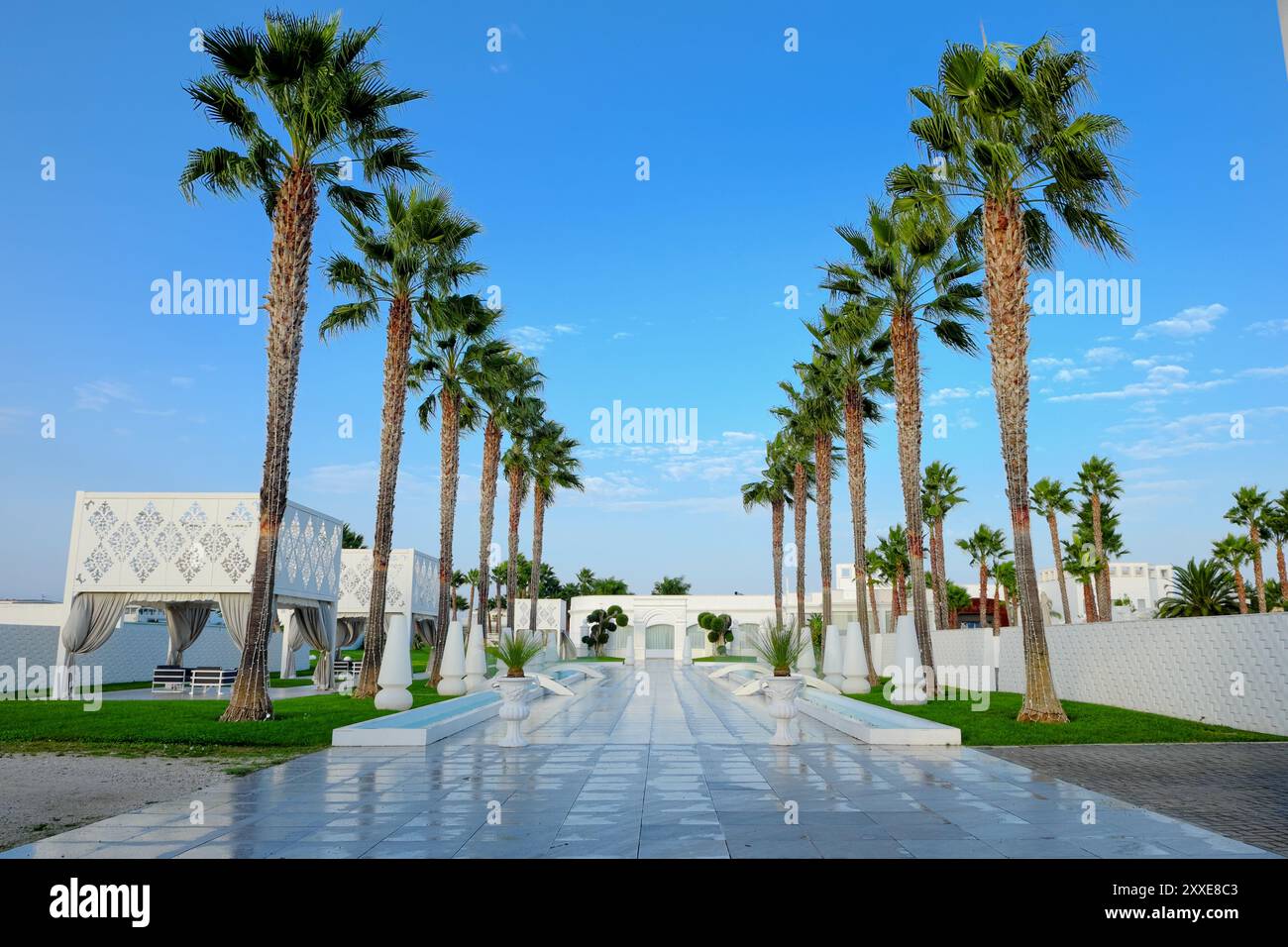 Ingresso prospettico alberato con palme e moderna casa di lusso, Sannicando di Bari, Puglia, Italia Foto Stock