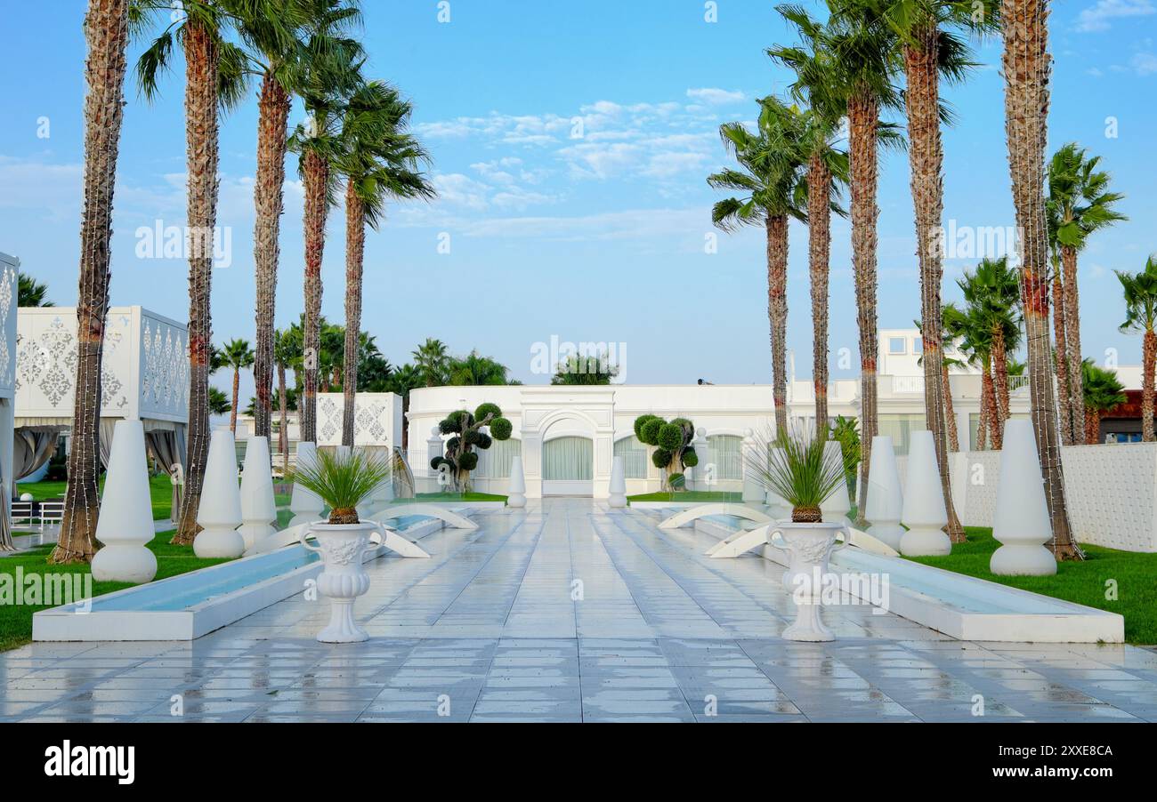 Ingresso prospettico alberato con palme e moderna casa di lusso, Sannicando di Bari, Puglia, Italia Foto Stock