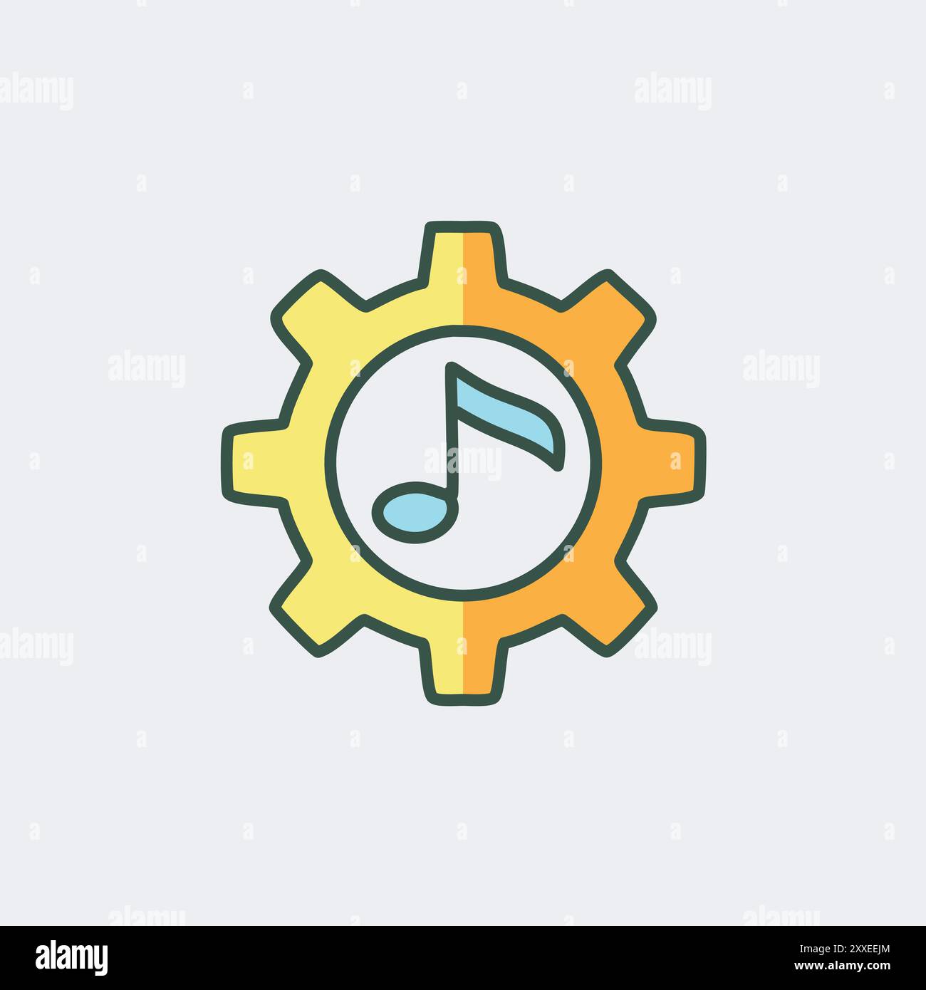 Icona di impostazione dell'ingranaggio musicale. Illustrazione colorata di una nota musicale all'interno di un attrezzo, che simboleggia la produzione, la creazione e le impostazioni musicali. Illustrazione Vettoriale