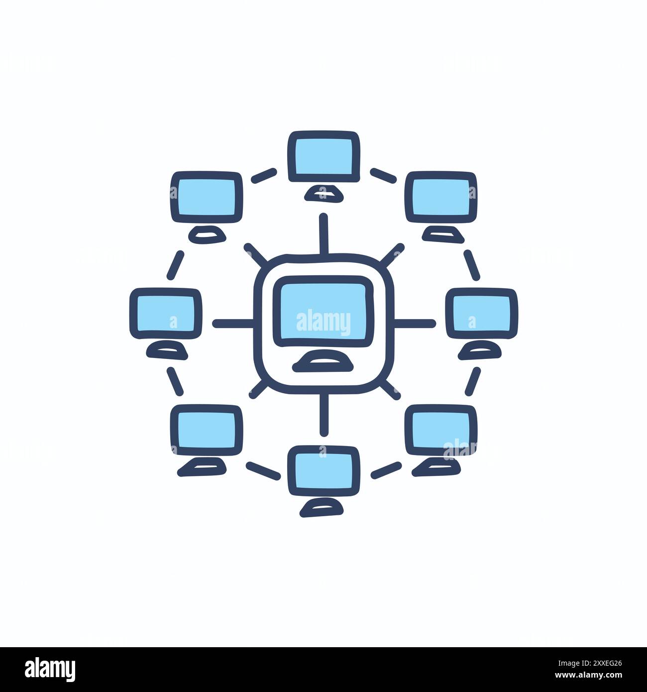 Illustrazione della rete dei computer collegati. Illustrazione disegnata a mano di una rete di computer collegati tra loro, che rappresentano la collaborazione, la comunicazione Illustrazione Vettoriale