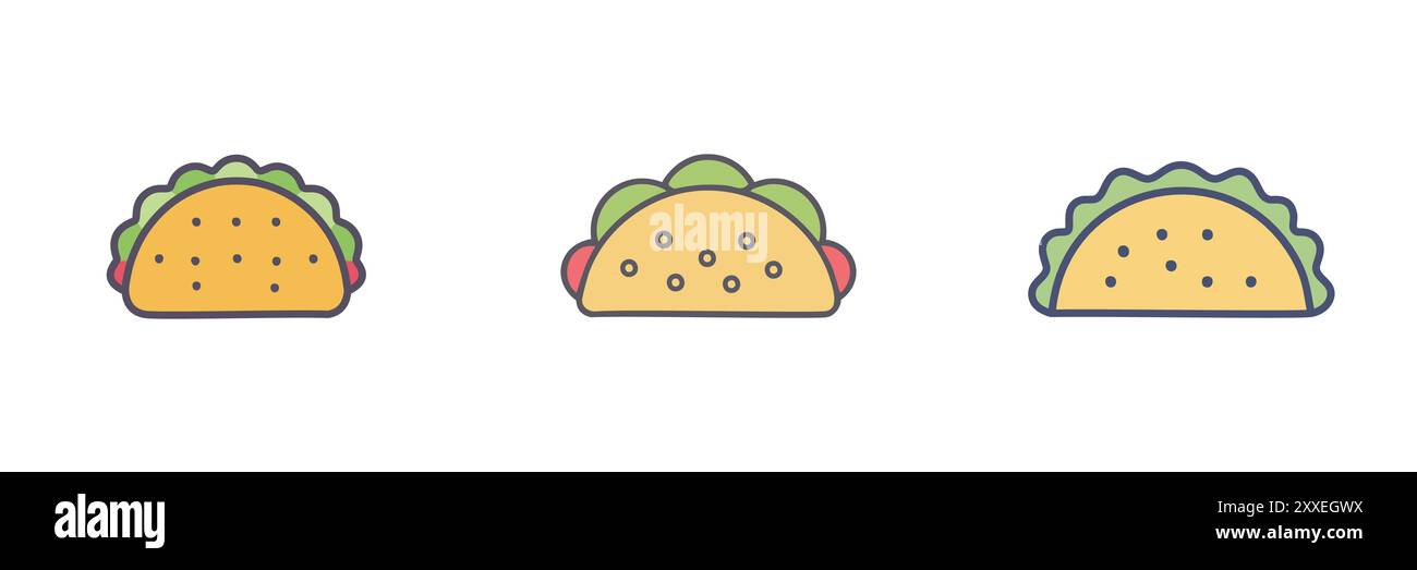 Set icone Taco. Collezione di tre colorate icone taco, perfette per menu, siti Web e social media. Illustrazione Vettoriale