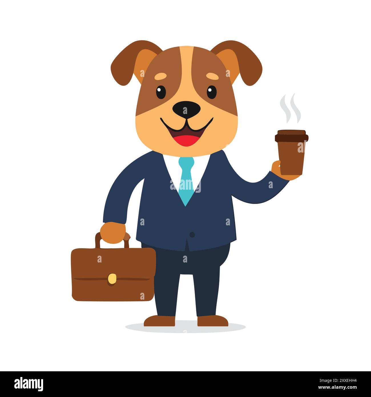 Cane da lavoro con caffè e valigetta. Un cane in costume e cravatta che reggono una tazza di caffè e una valigetta. Perfetto per illustrare i concetti Illustrazione Vettoriale