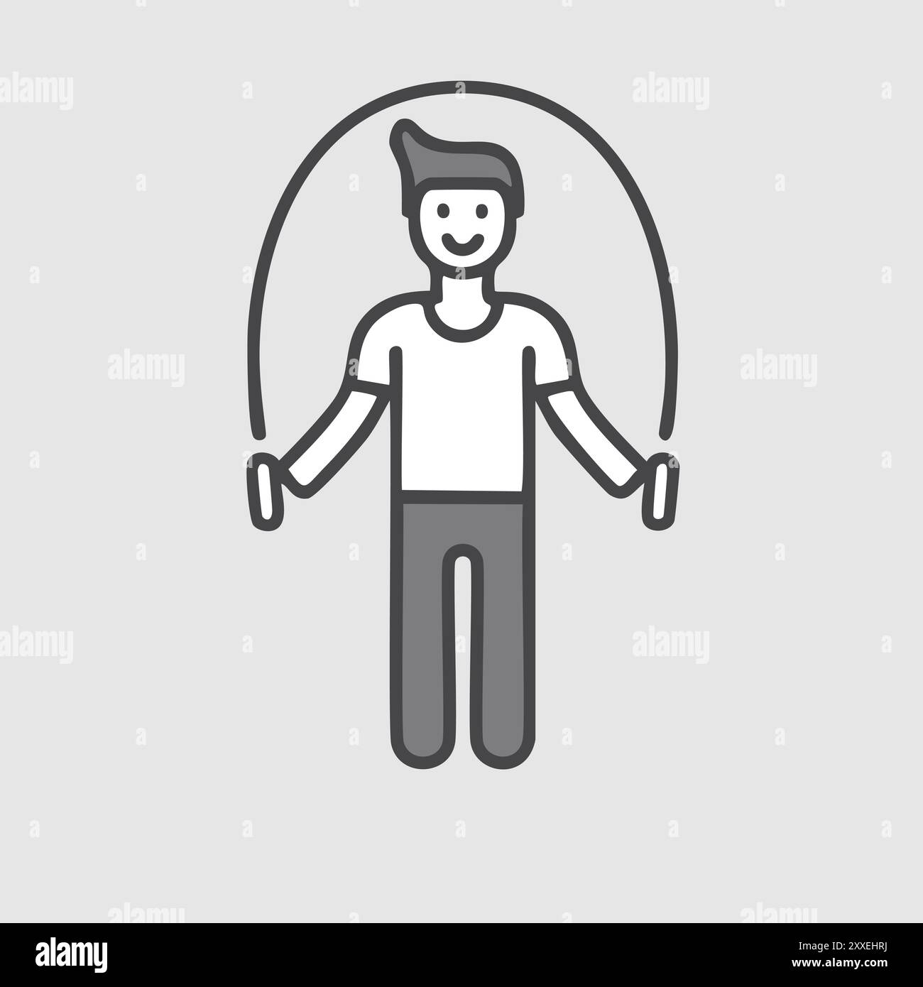 Uomo felice che salta l'esercizio di corda. Un uomo allegro che si diverte ad allenarsi con una corda per saltare. Questa semplice illustrazione mostra la gioia dell'esercizio fisico e fisico Illustrazione Vettoriale