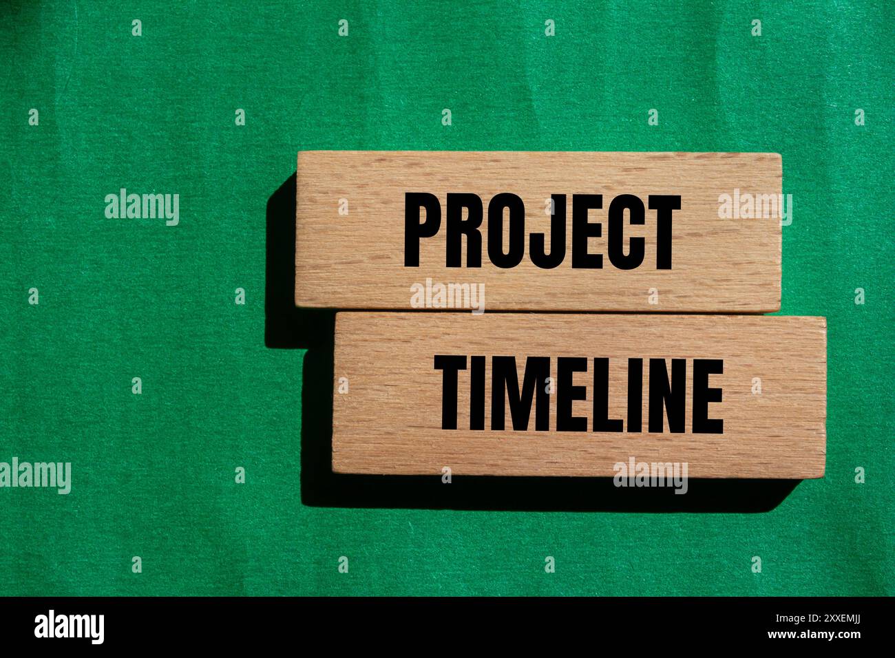 Messaggio della timeline del progetto scritto su blocchi di legno con sfondo verde. Simbolo della timeline del progetto concettuale. Copia spazio. Foto Stock