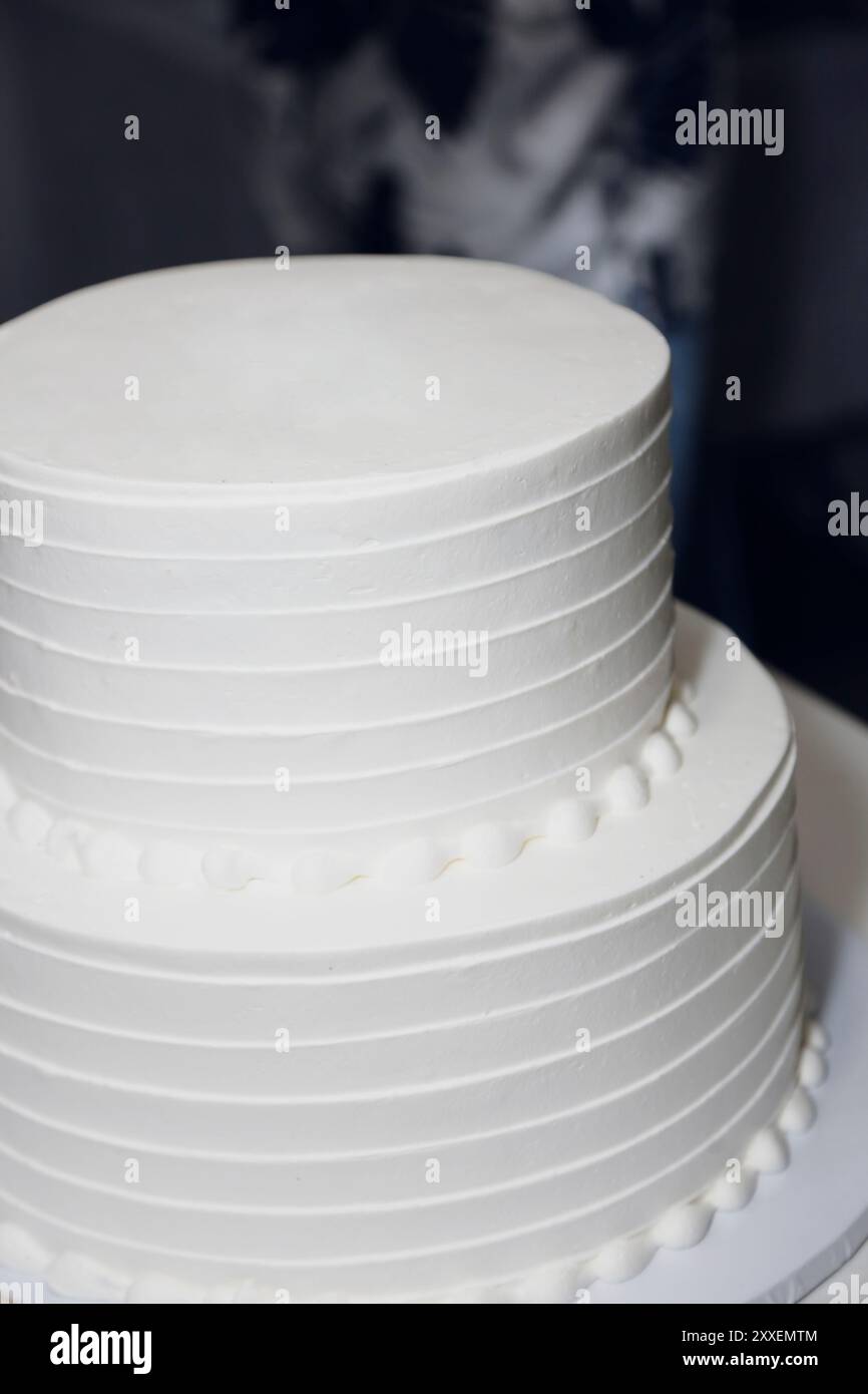 Vista di una torta a due livelli con glassa bianca liscia. Foto Stock