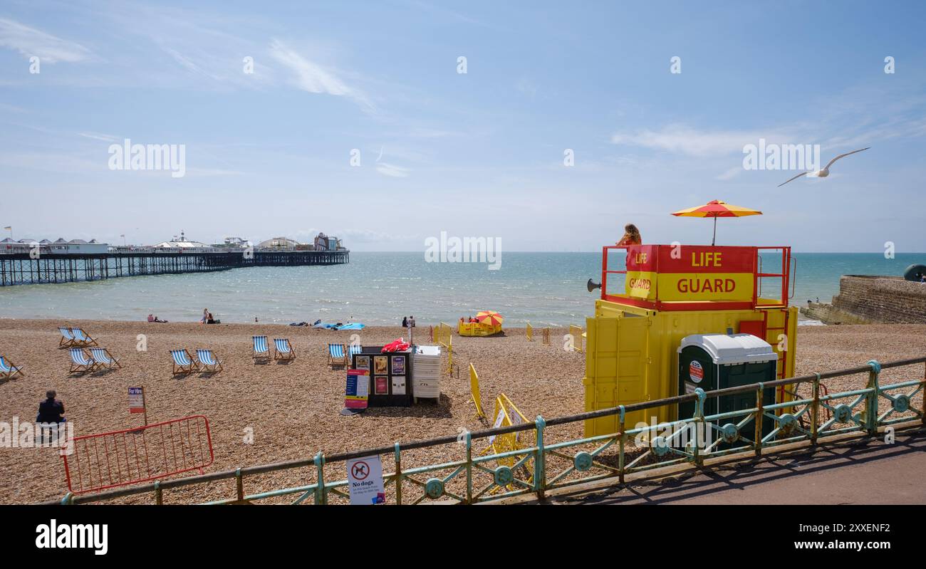 Una vista panoramica di Brighton Beach con la torre della Guardia vitale e il molo in ripresa in una giornata di sole. Foto Stock