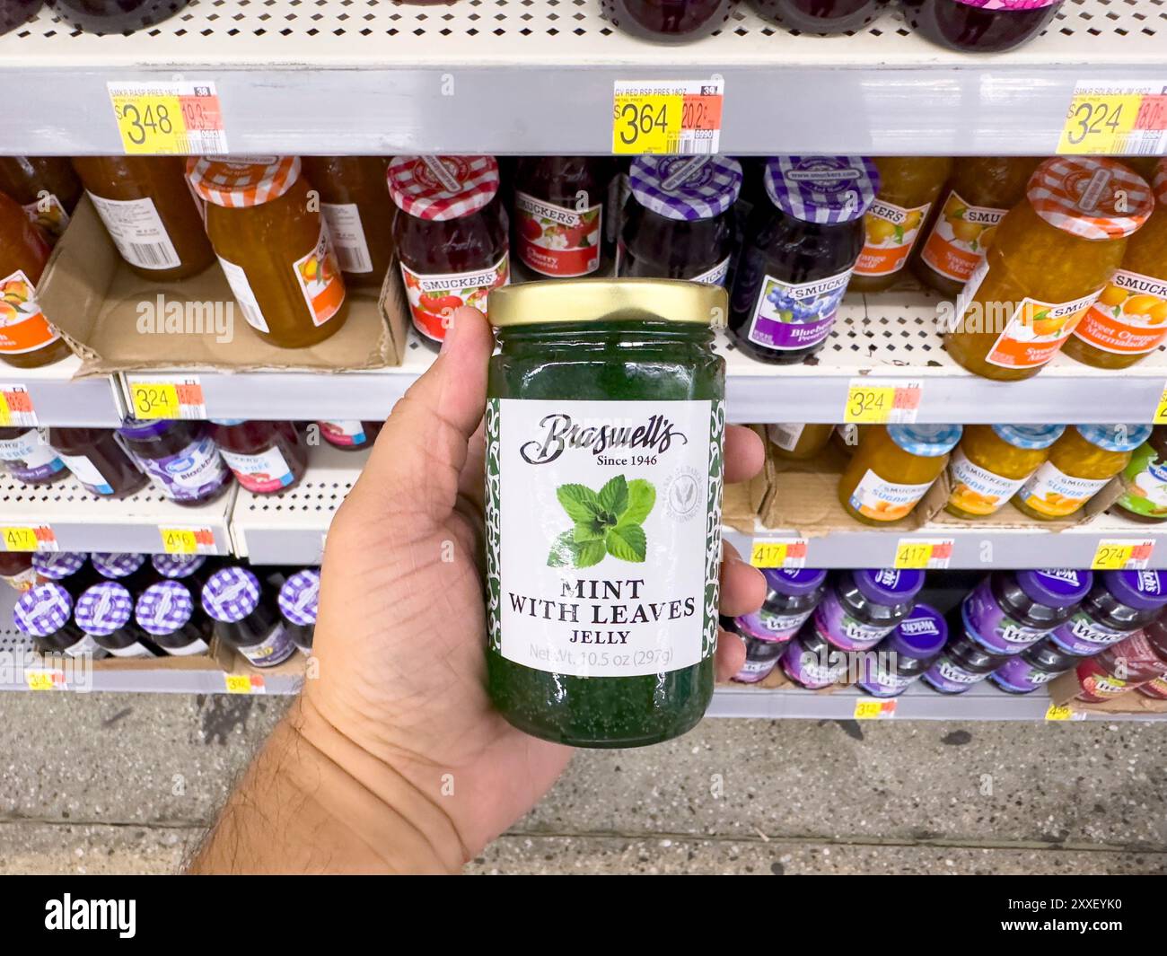Los Angeles, California, Stati Uniti - 04-14-2024: Una vista di una mano che regge un barattolo di Braswell's Mint Jelly, in mostra in un negozio di alimentari locale. Foto Stock