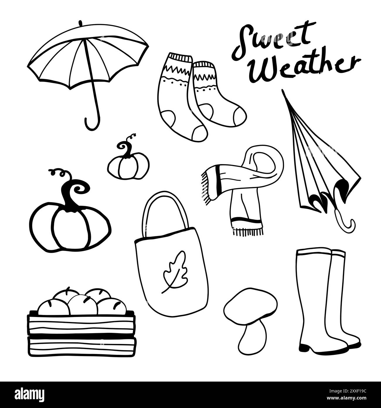 Una collezione autunnale accogliente con zucche, calze calde e abbigliamento da pioggia per un'esperienza di bel tempo Illustrazione Vettoriale