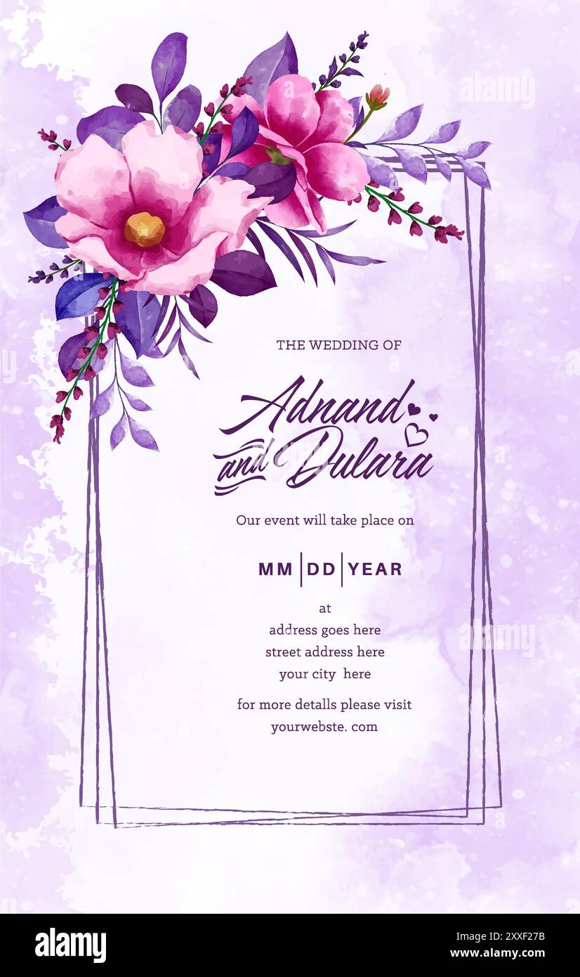 design con biglietto d'invito per matrimoni floreali in acquerello rosa e viola Illustrazione Vettoriale