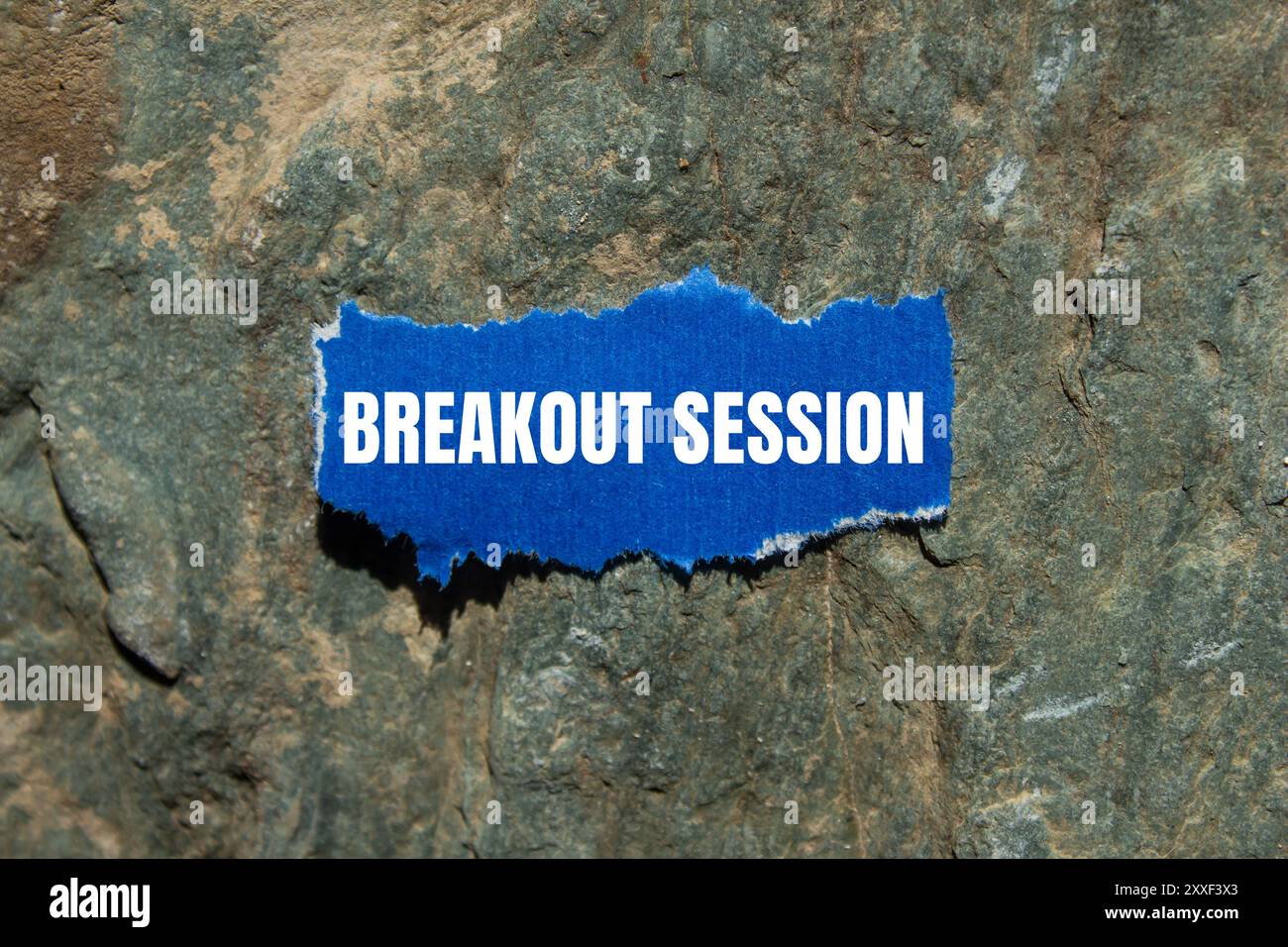 Messaggio della sessione di breakout scritto su un pezzo di carta blu strappato con sfondo in pietra. Simbolo della sessione di breakout concettuale. Copia spazio. Foto Stock