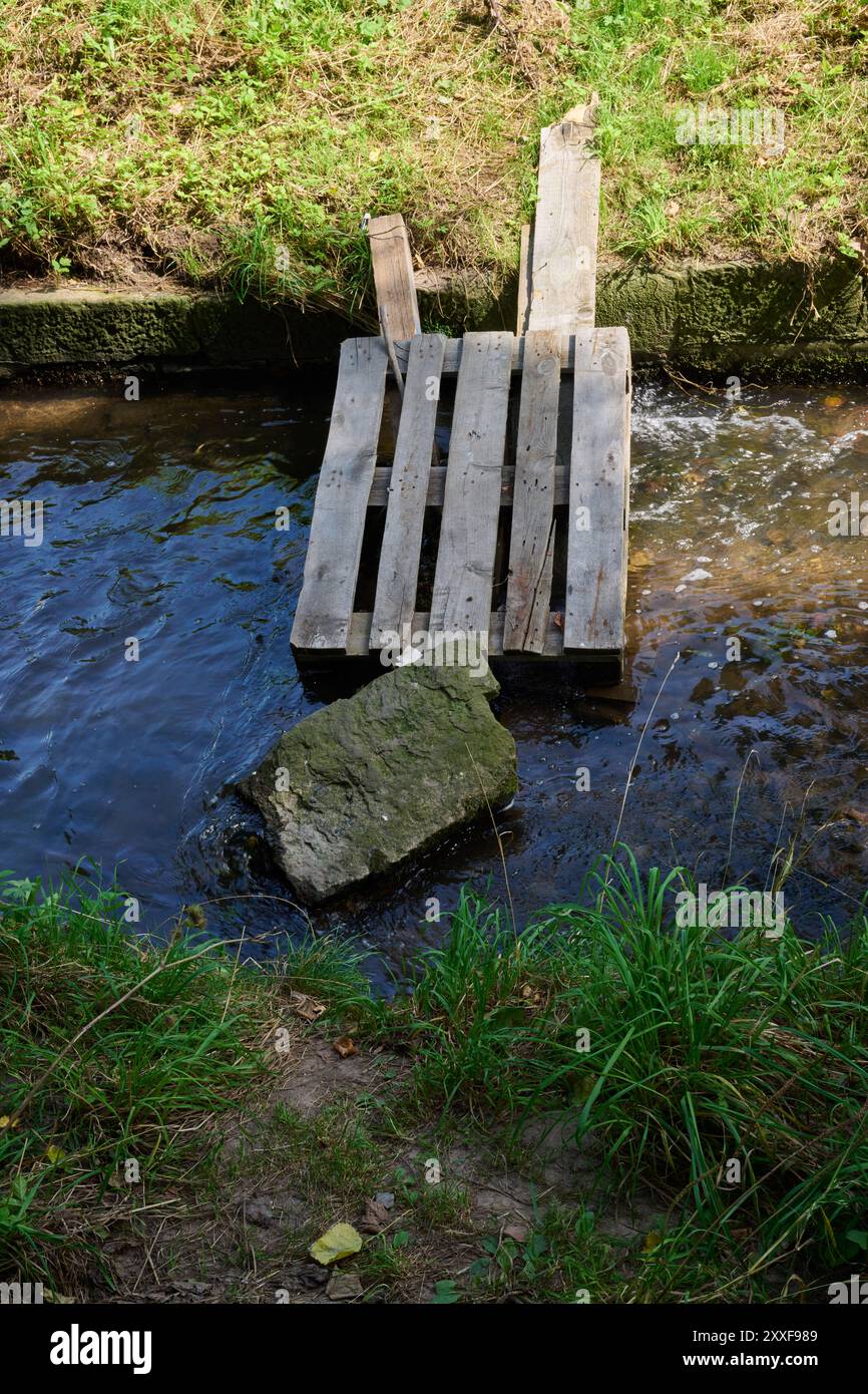 Improvvisatore, provisorischer Fussgängersteg über einen kleinen kanalisierten Bach aus einer Palette und einem großen Stein Foto Stock