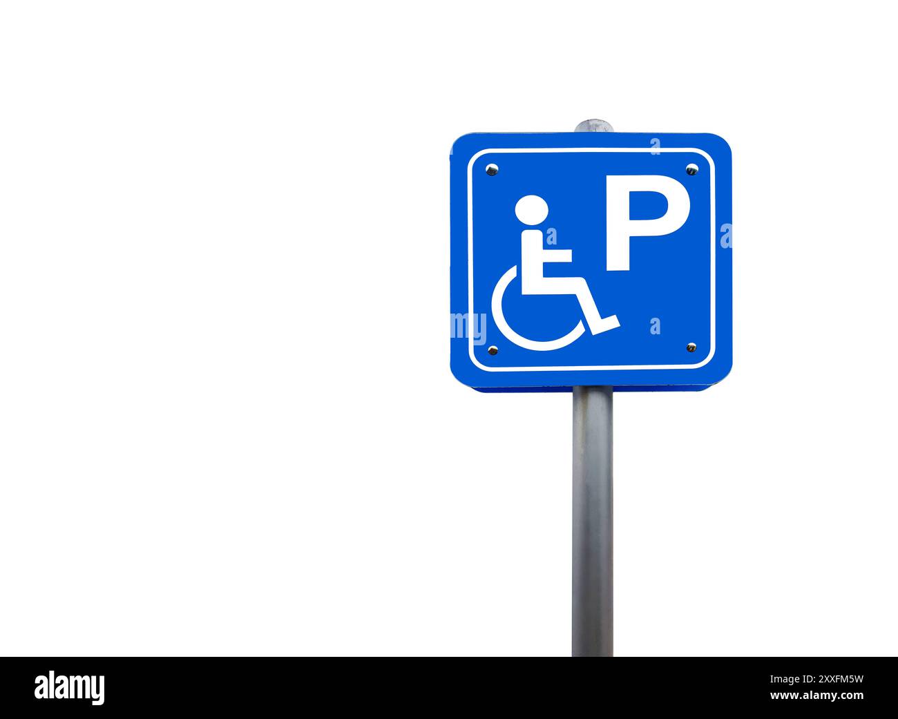 Segnaletica di parcheggio blu con il simbolo di parcheggio per disabili, con percorsi di ritaglio precisi, su sfondo bianco, pronta per l'uso in vari design Foto Stock