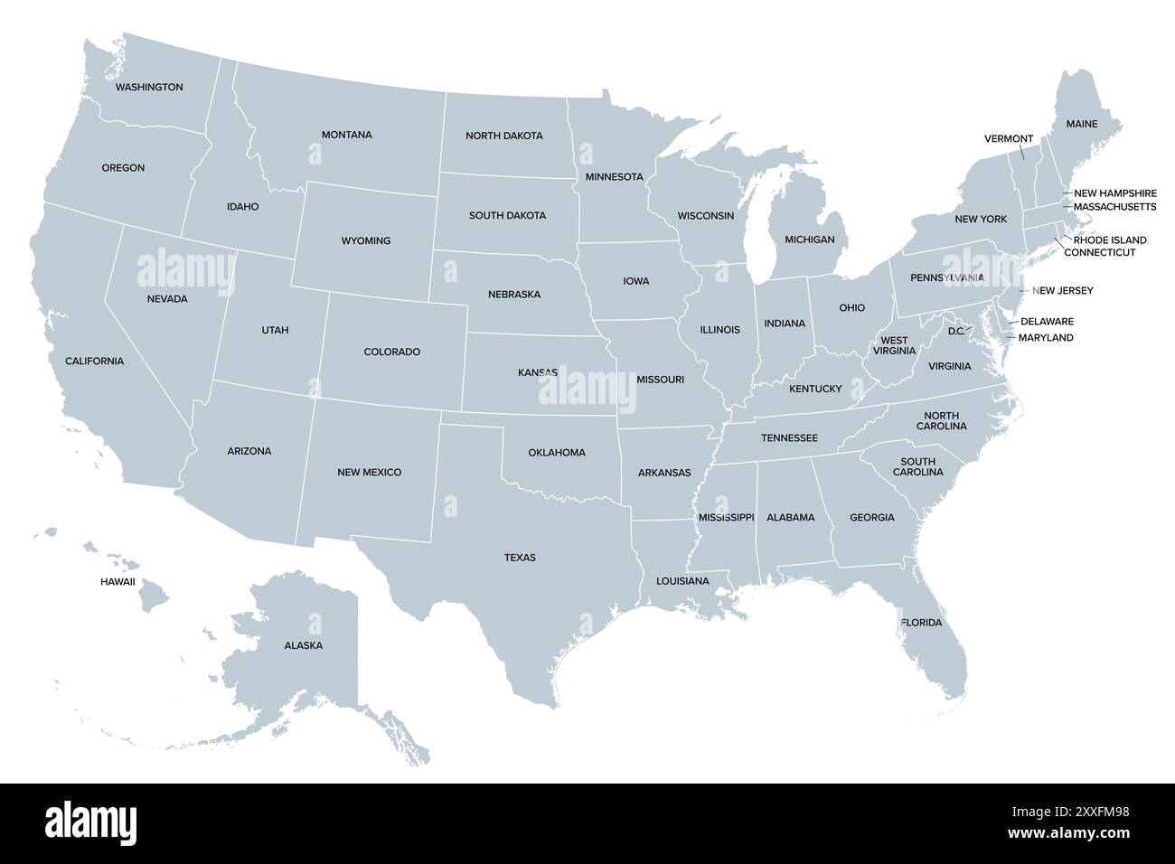 Stati Uniti d'America, sagome degli stati, mappa politica grigia. Cinquanta aree geografiche e confini, uniti da un governo federale e unionale. Foto Stock
