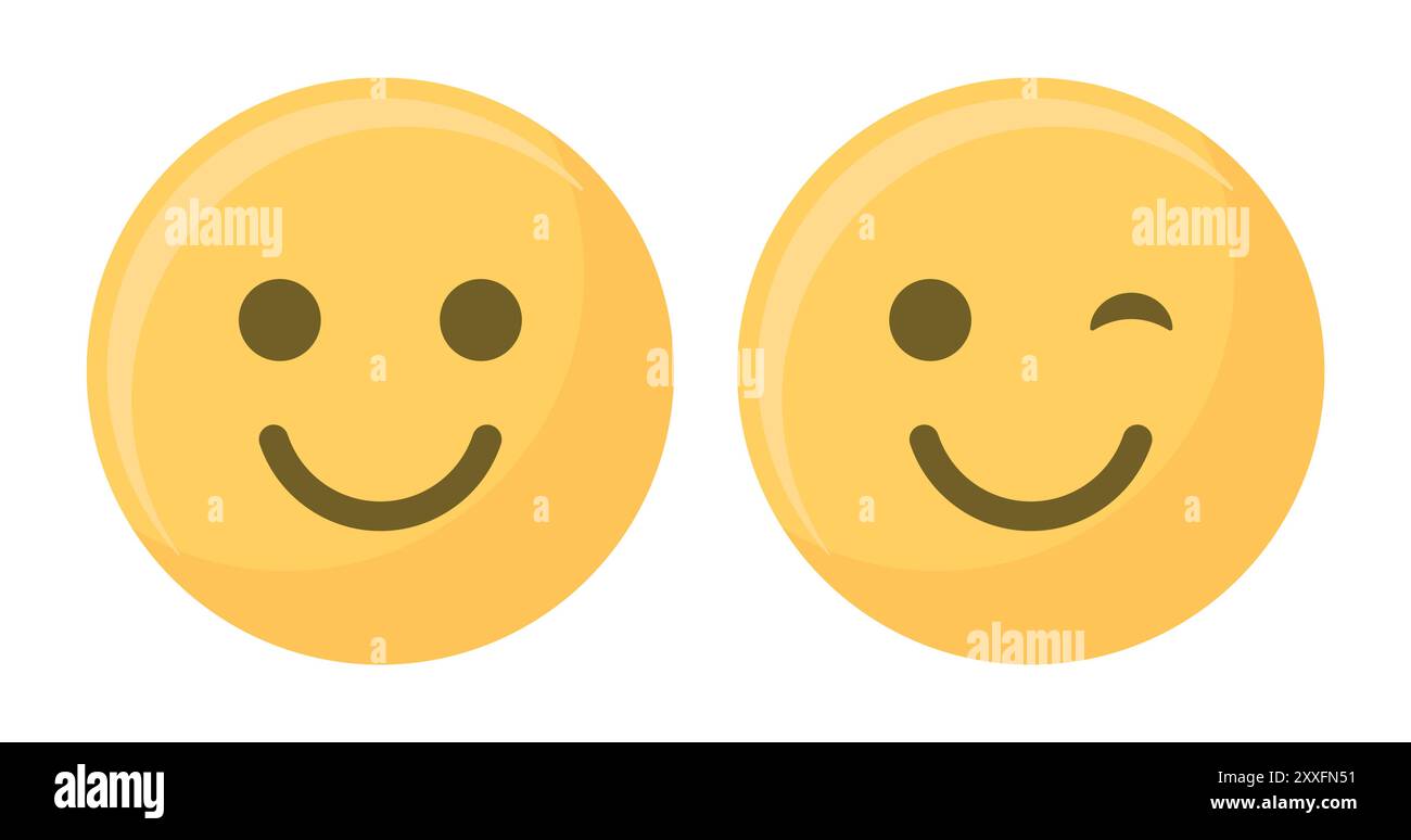 Emoji con sorriso, occhiolino o colpo d'occhio sul viso in giallo e nero. Faccia d'occhiolino. Emoji con occhiolino, divertente emoticon giallo con sorriso. Vettore icona sorriso. Illustrazione Vettoriale