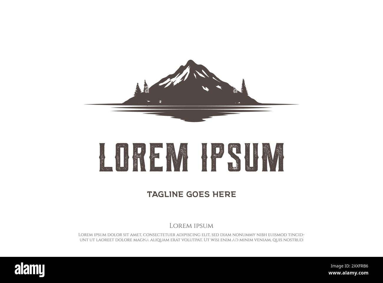 Montagna con Pine Cedar Conifer Cypress Evergreen Tree Forest e Lake River Creek Logo Design Vector Illustrazione Vettoriale