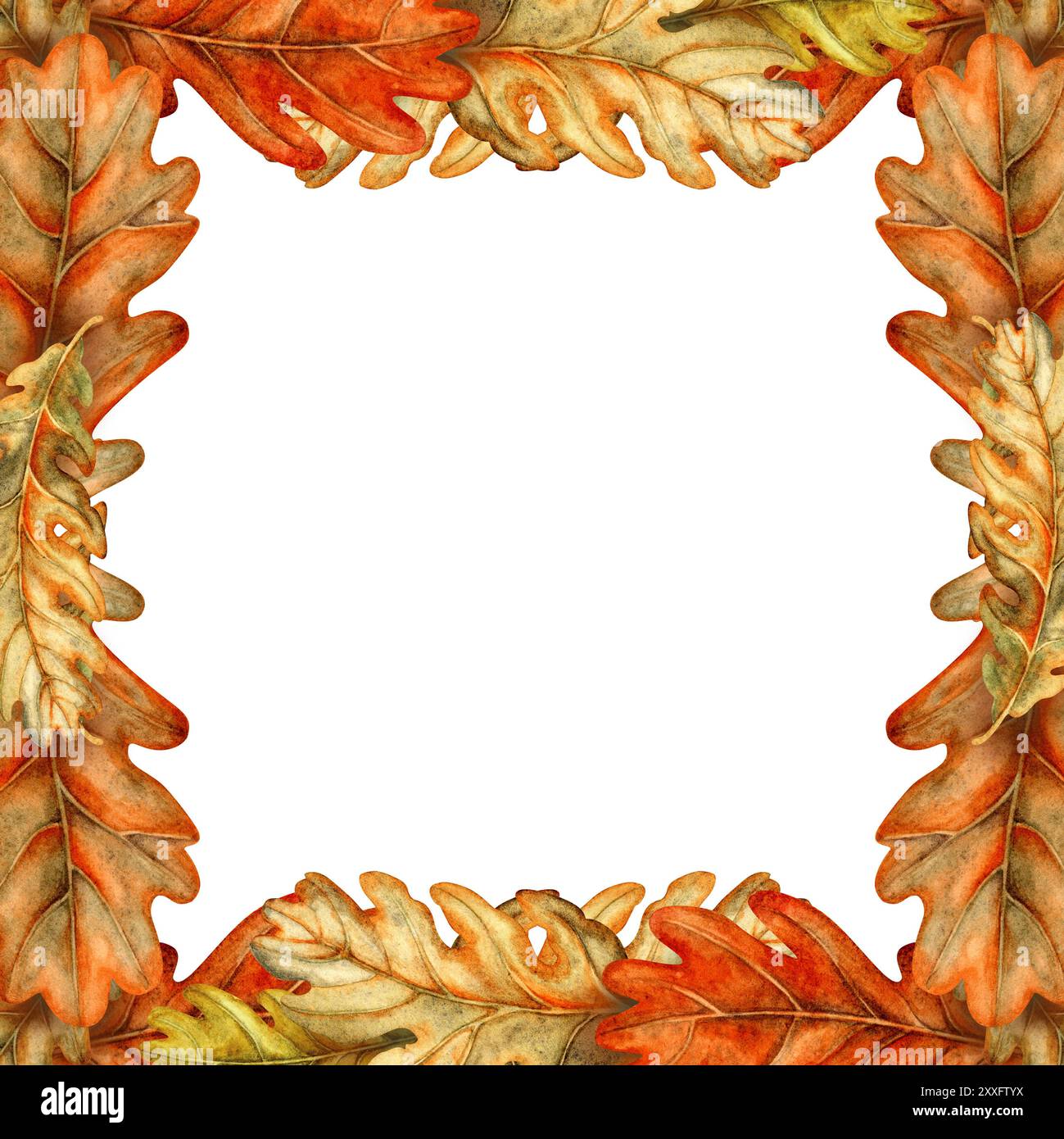 Cornice di variopinte foglie di quercia autunnale. Illustrazione ad acquerello di un modello quadrato nei colori arancione, rosso, marrone, beige, disegnato a mano. Fogliame naturale Foto Stock