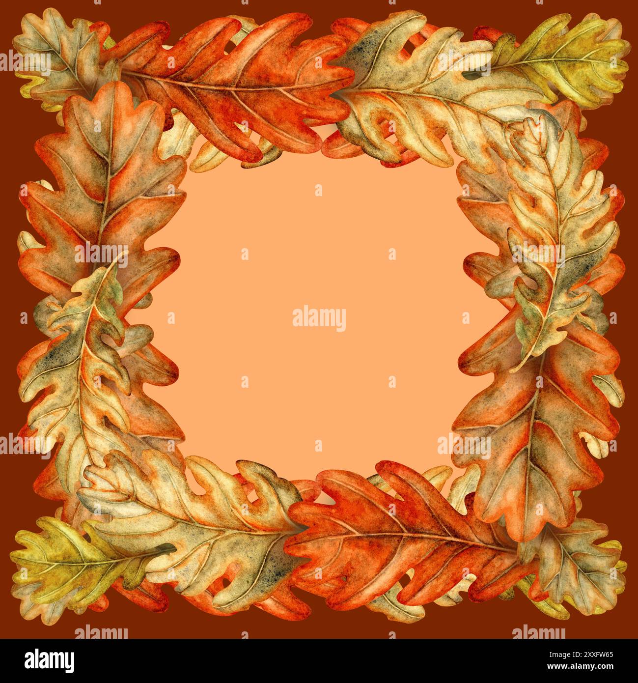 Cornice di foglie di quercia autunnale con sfondo arancione. Illustrazione ad acquerello di un modello quadrato disegnato a mano. Consistenza naturale del fogliame per il raccolto festivo Foto Stock