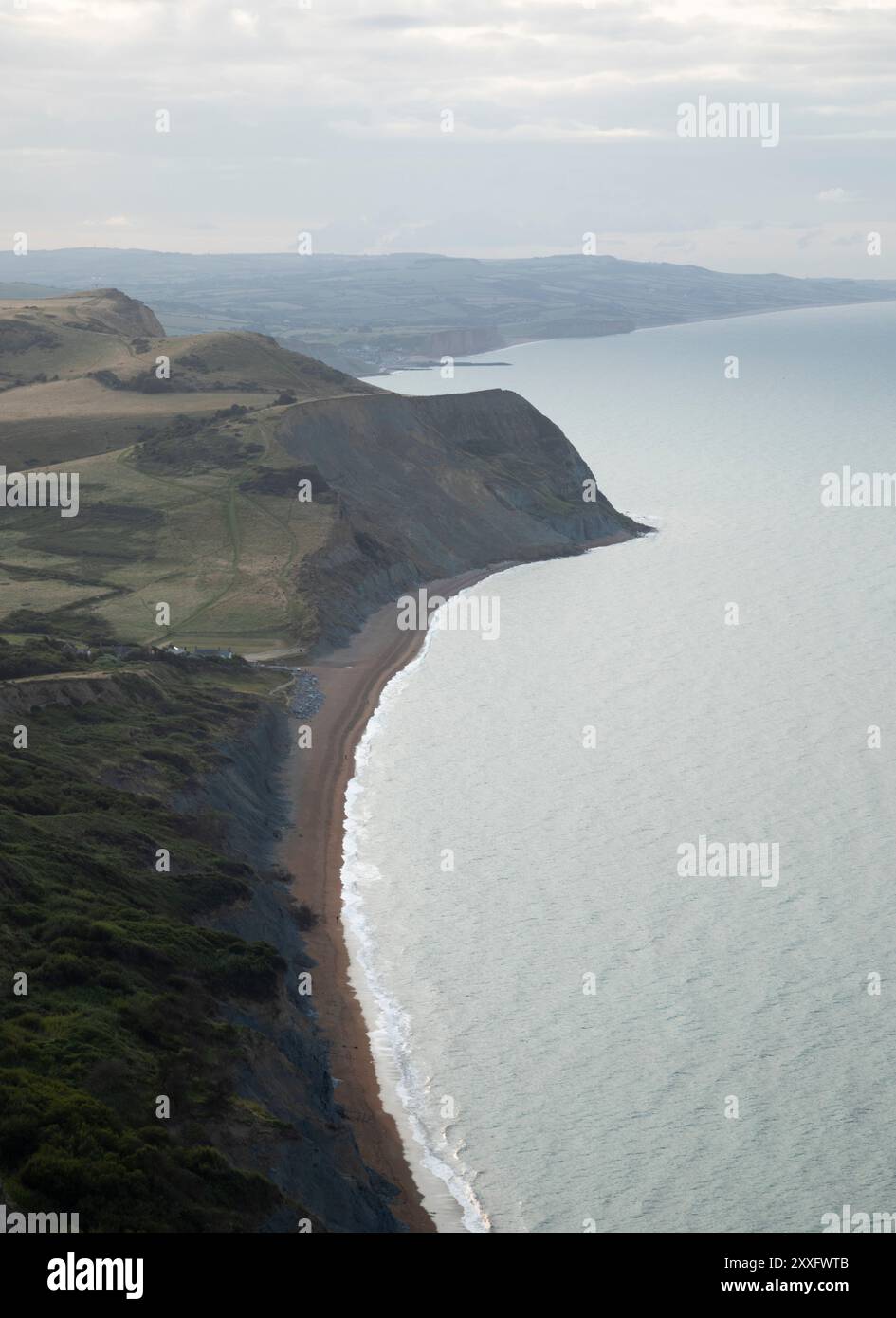 Vista della Jurassic Coast dal Golden Cap all'alba. Dorset, Regno Unito. Foto Stock