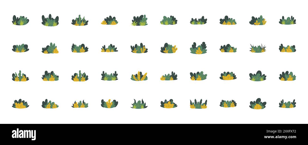 Collezione di cartoni animati. Set di arbusti verdi e alberi per giardino, foresta, siepi e campi, elementi decorativi floristici cespugli illustrazione vettoriale. Illustrazione Vettoriale